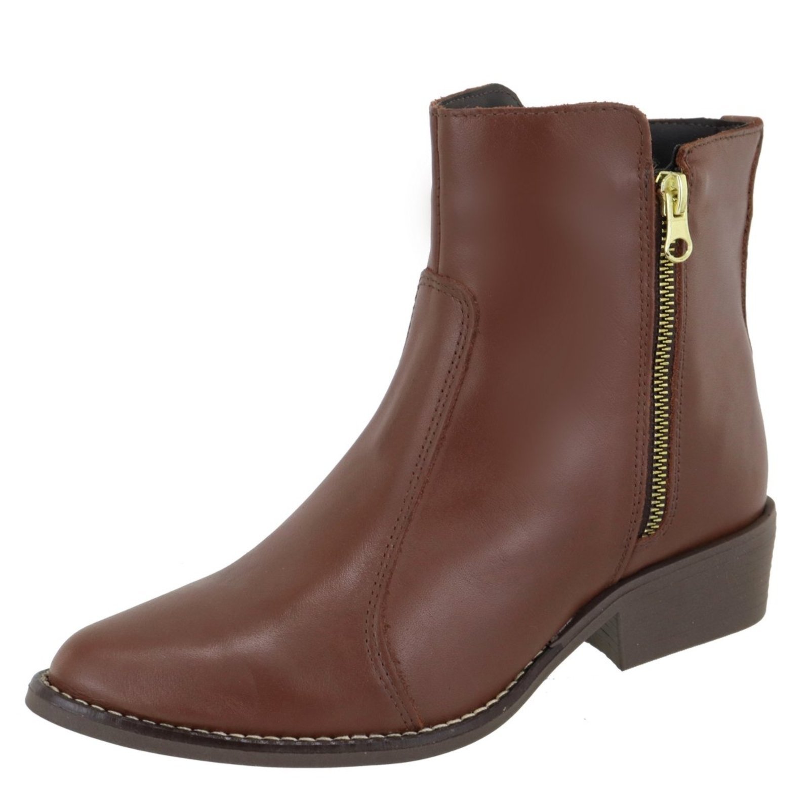 Bota em Couro Legitimo Feminina Cano Curto Bico Fino Ziper Lateral Conhaque Kuento Shoes