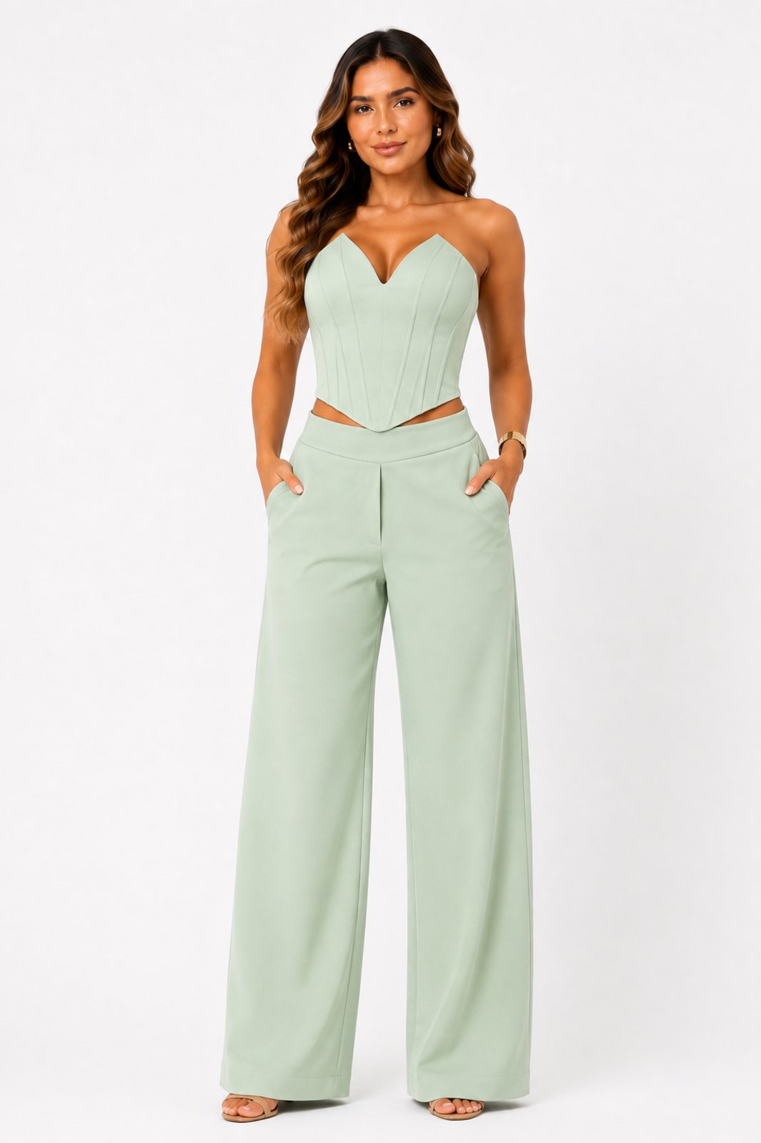 Conjunto Feminino D Bell Outlet Fashion Corset e Calça Pantalona Verde Pastel