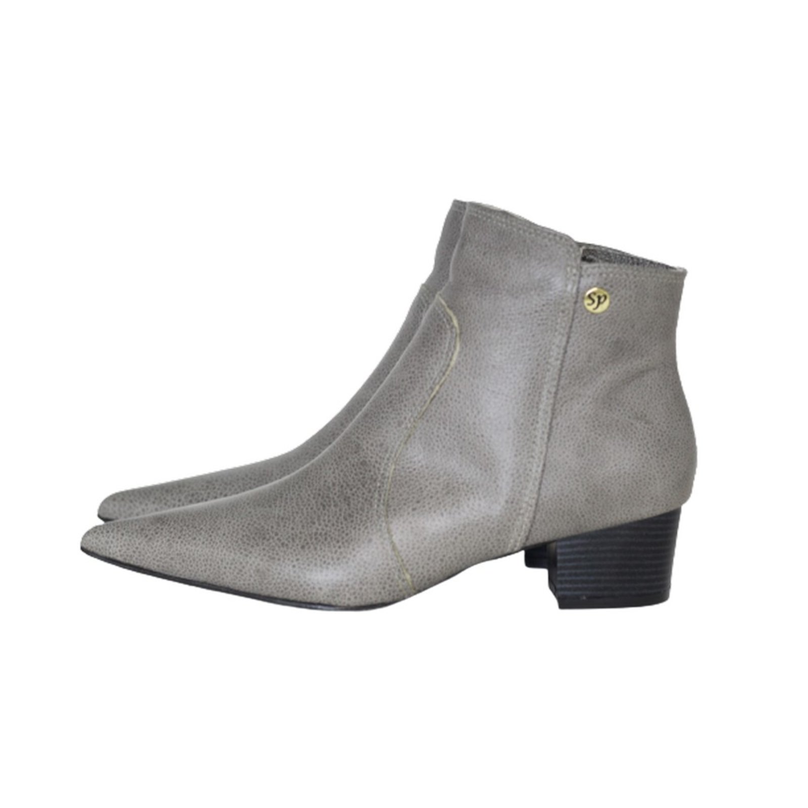 Bota Feminina Bico Fino Cano Curto Couro Salto 4 Cm Cinza Spinelli