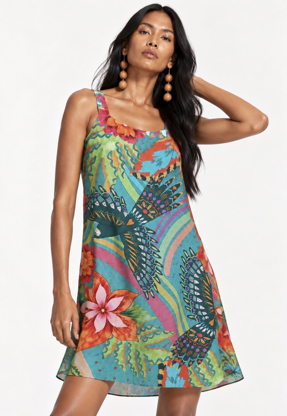 Vestido CabanaFree Curto Mayara Regata Viscose Estampa Voo da Floresta