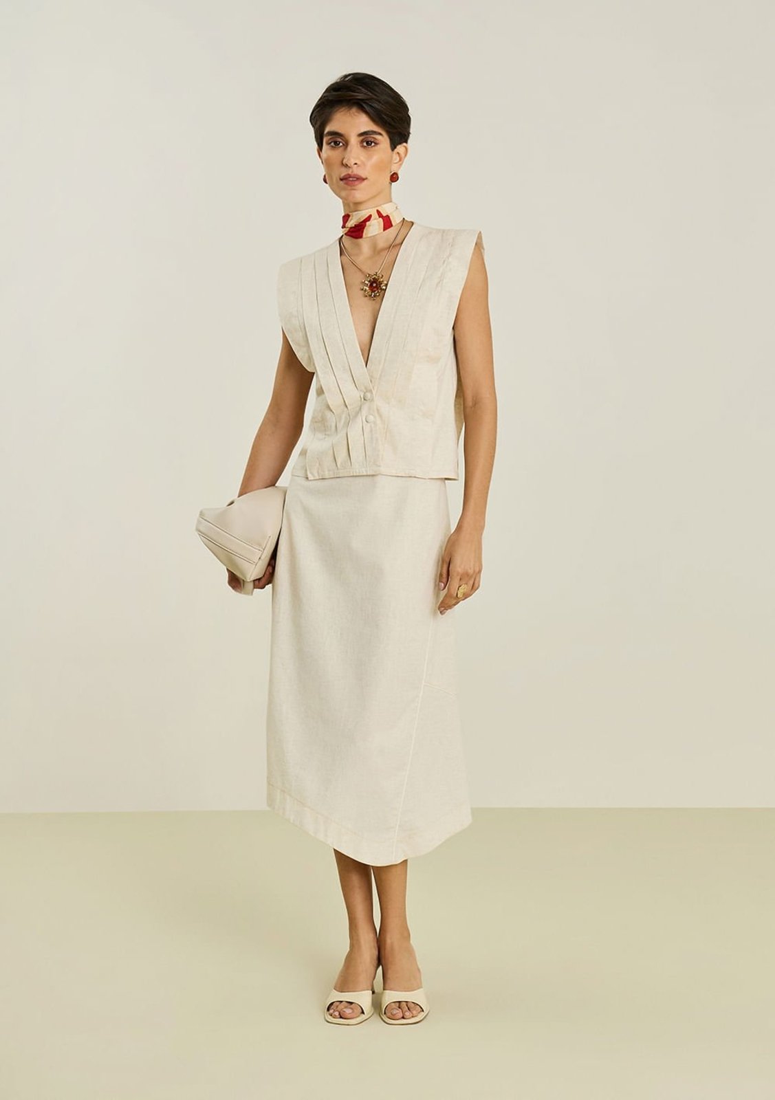 Saia Maria Valentina Evasê Alta Midi Off-white