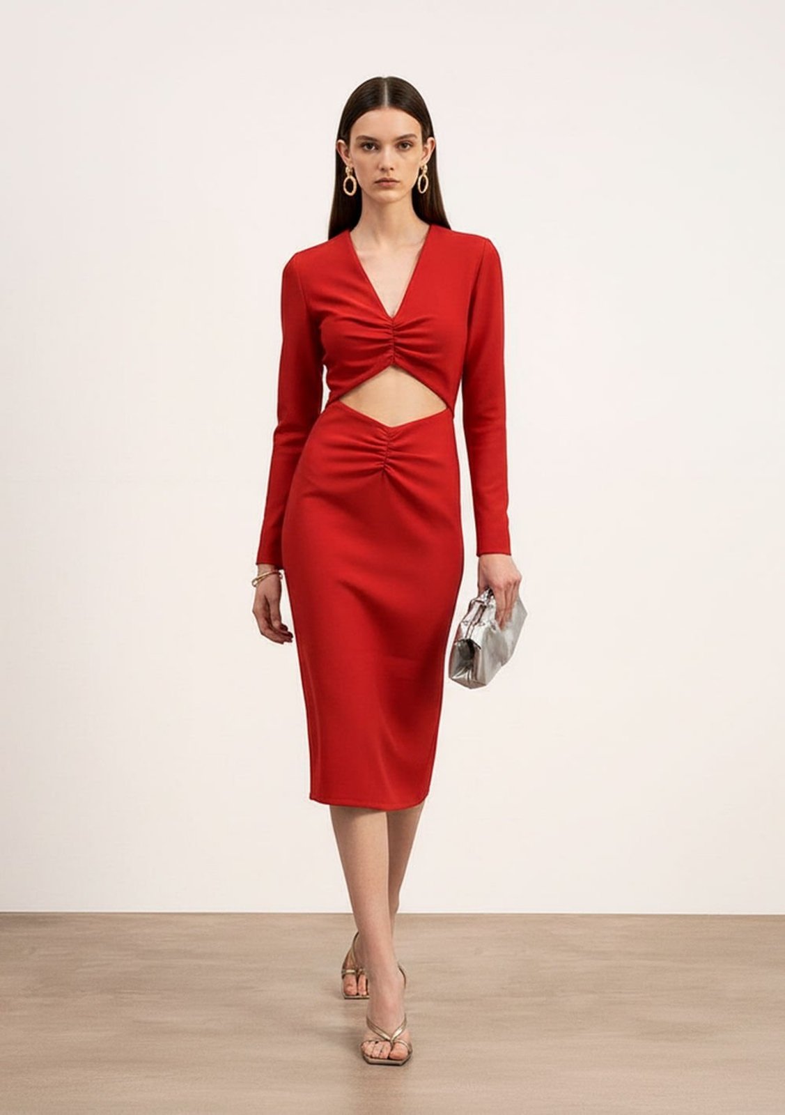 Vestido Iódice Ajustado Decote V Manga Longa Midi Estampado