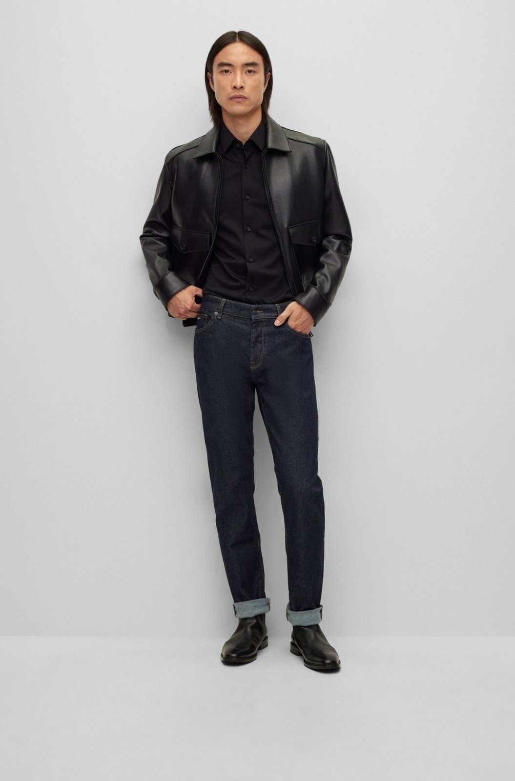 Vista 3 Camisa Slim Fit Em Jersey De Algodão De Performance Misto Com Stretch preto preto