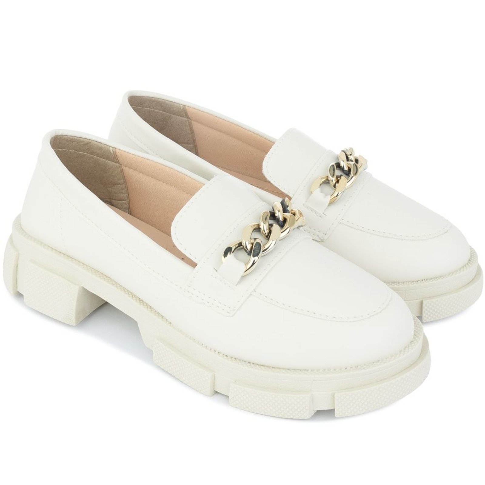 Mocassim Feminino Tratorado Confortável Oxford com Corrente OFF WHITE