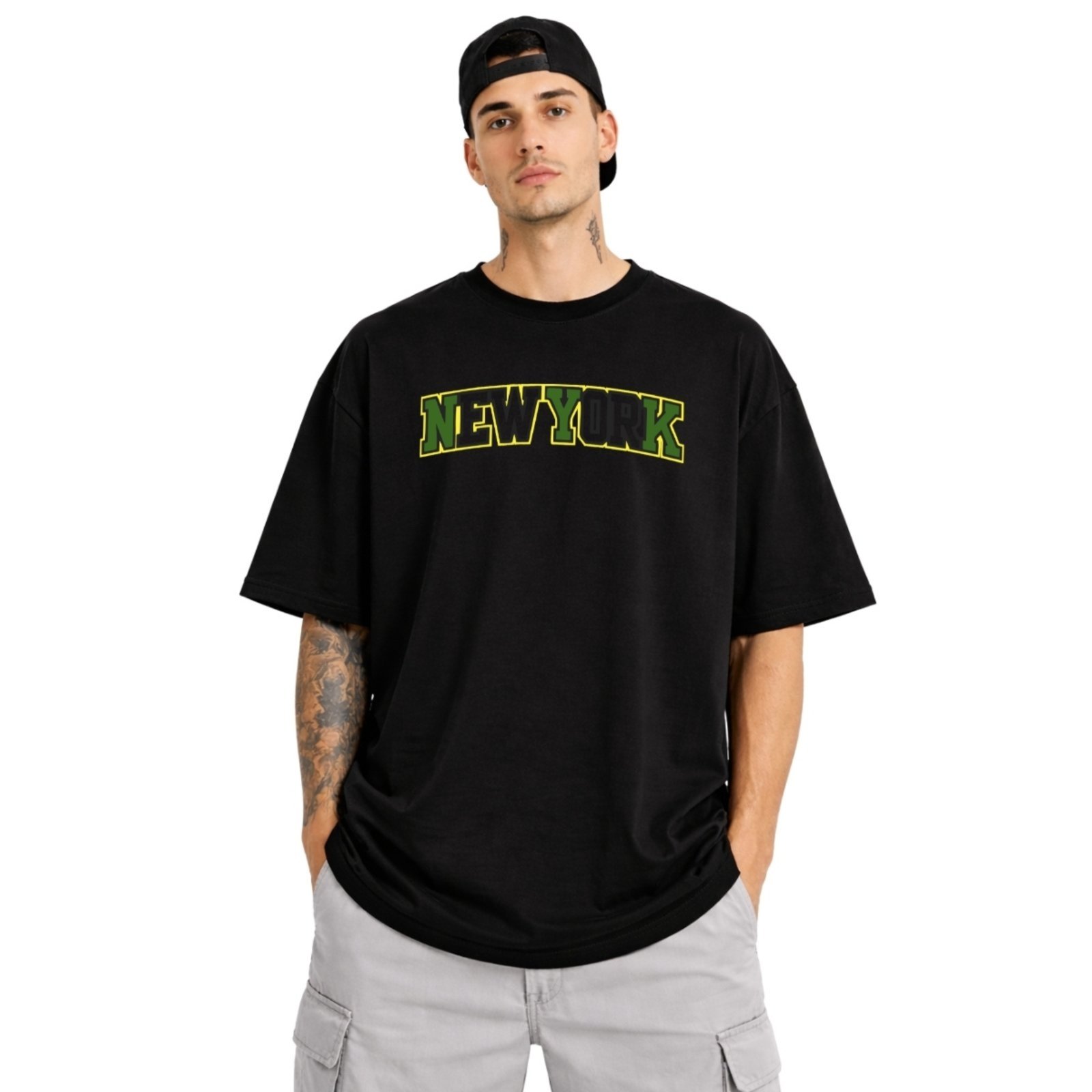 Camiseta Oversized de Algodão Masculina Ideal para Academia e Esportes Gola Redonda Estampada