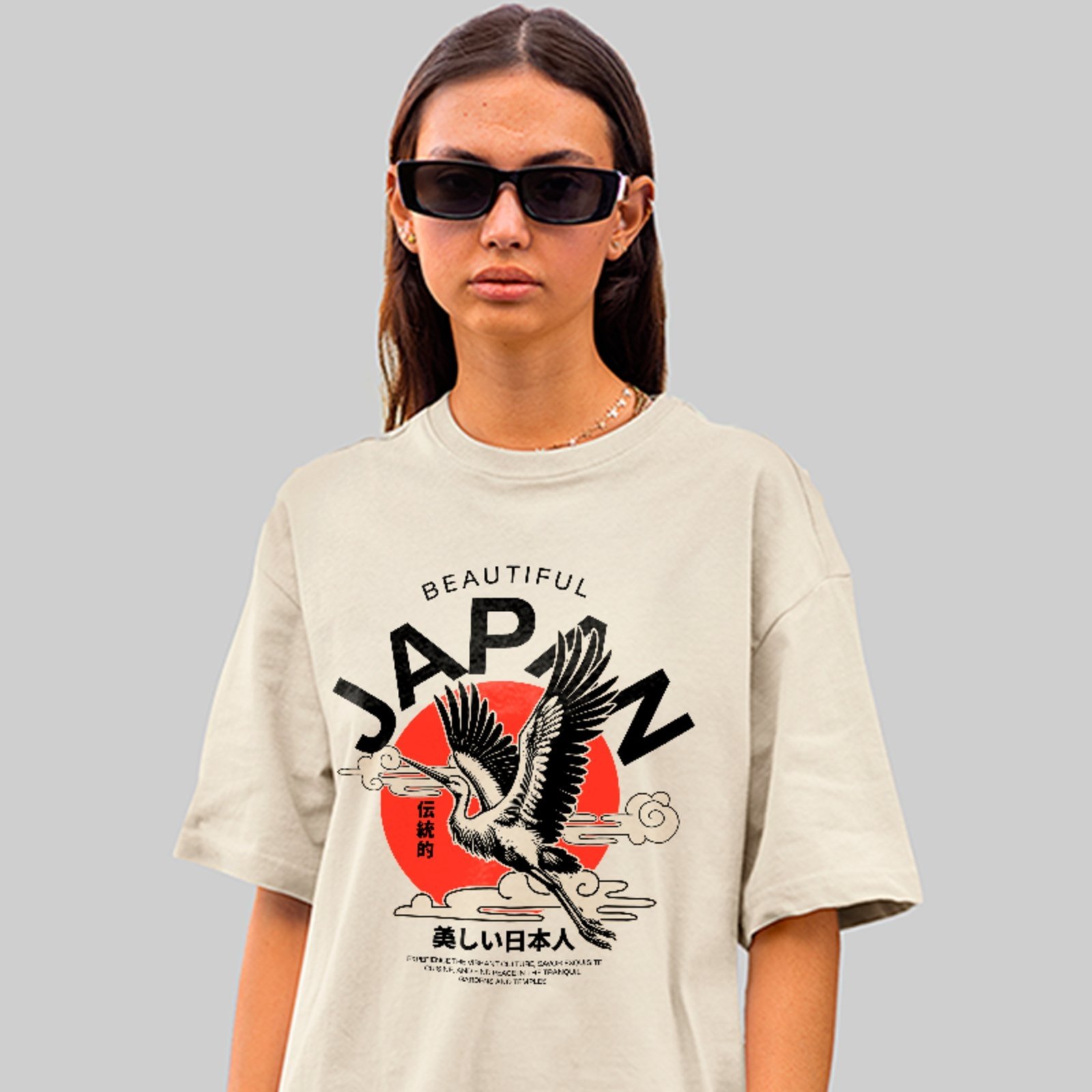 Camiseta Oversized Premium Beautiful Japan Garça Oriental Style Unissex Off White