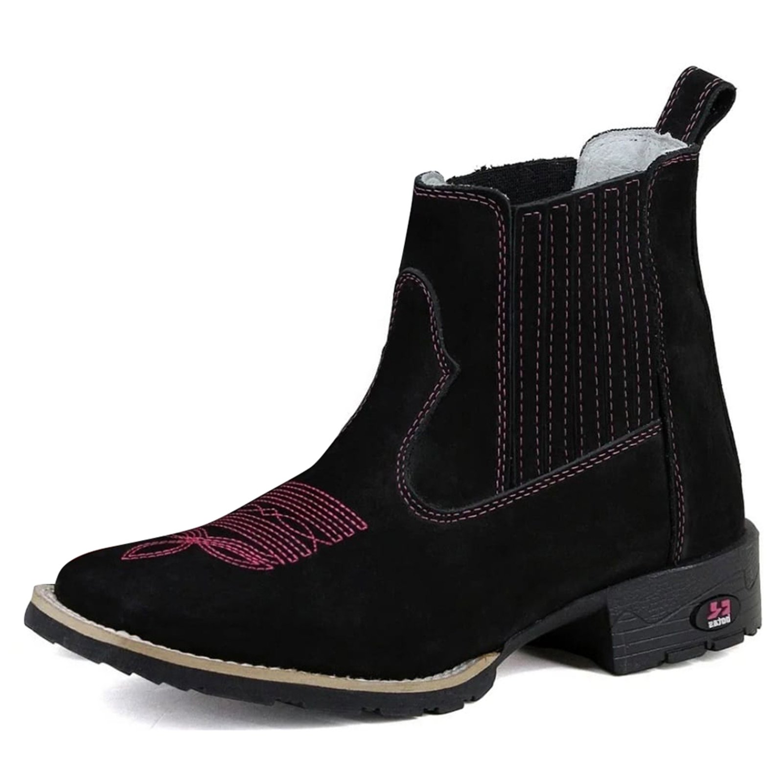Bota Feminina RR Botas Texana Country Couro Elástico Bordado Bico Quadrado Preto