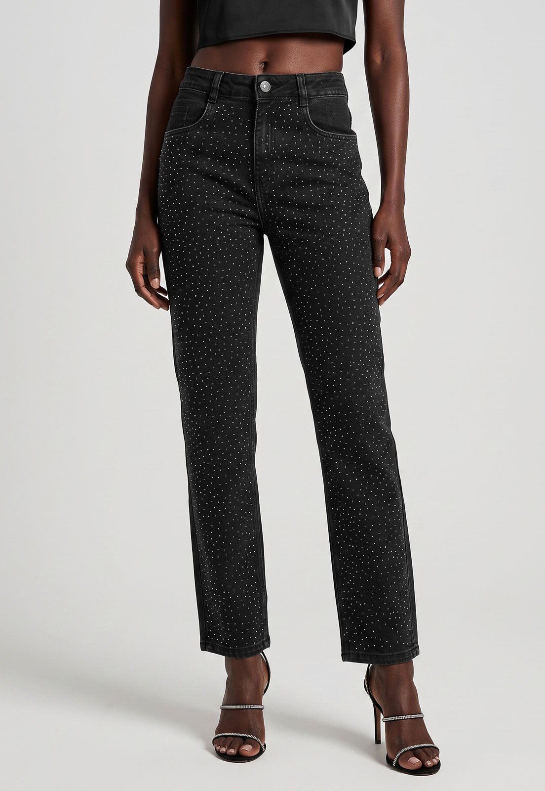 Calça Feminina Sawary Reta Com Strass Preta