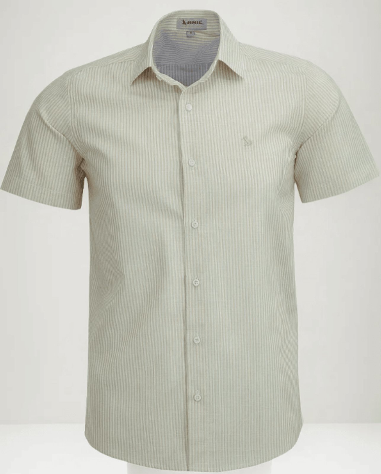 Camisa Social Amil Comfort Listrada Wind Algodão Manga Curta Luxo Bege