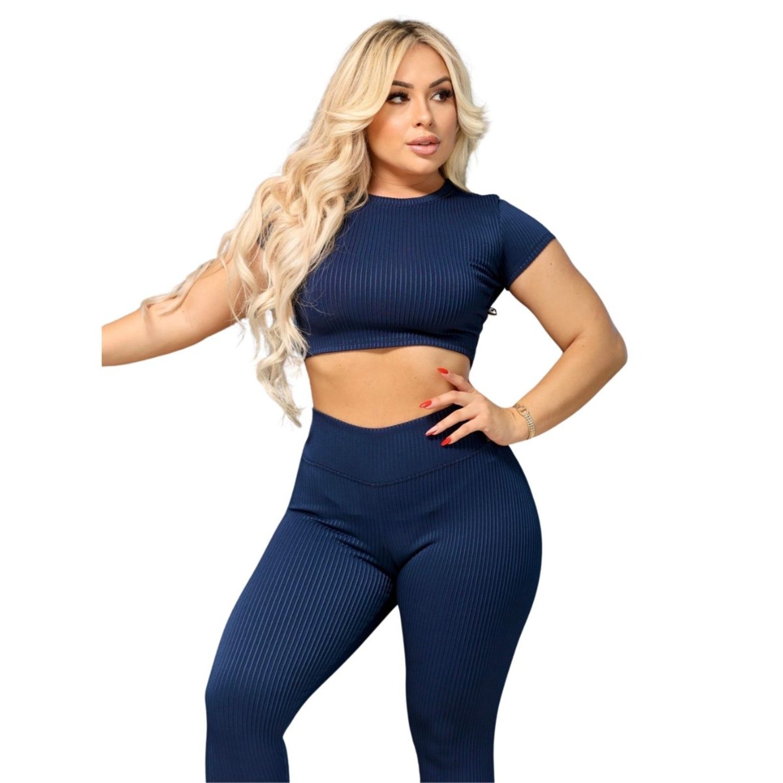 Conjunto Legging e Cropd Manguinha Vih Triny Canelado Poliéster Moda Fitness Academia Marinho