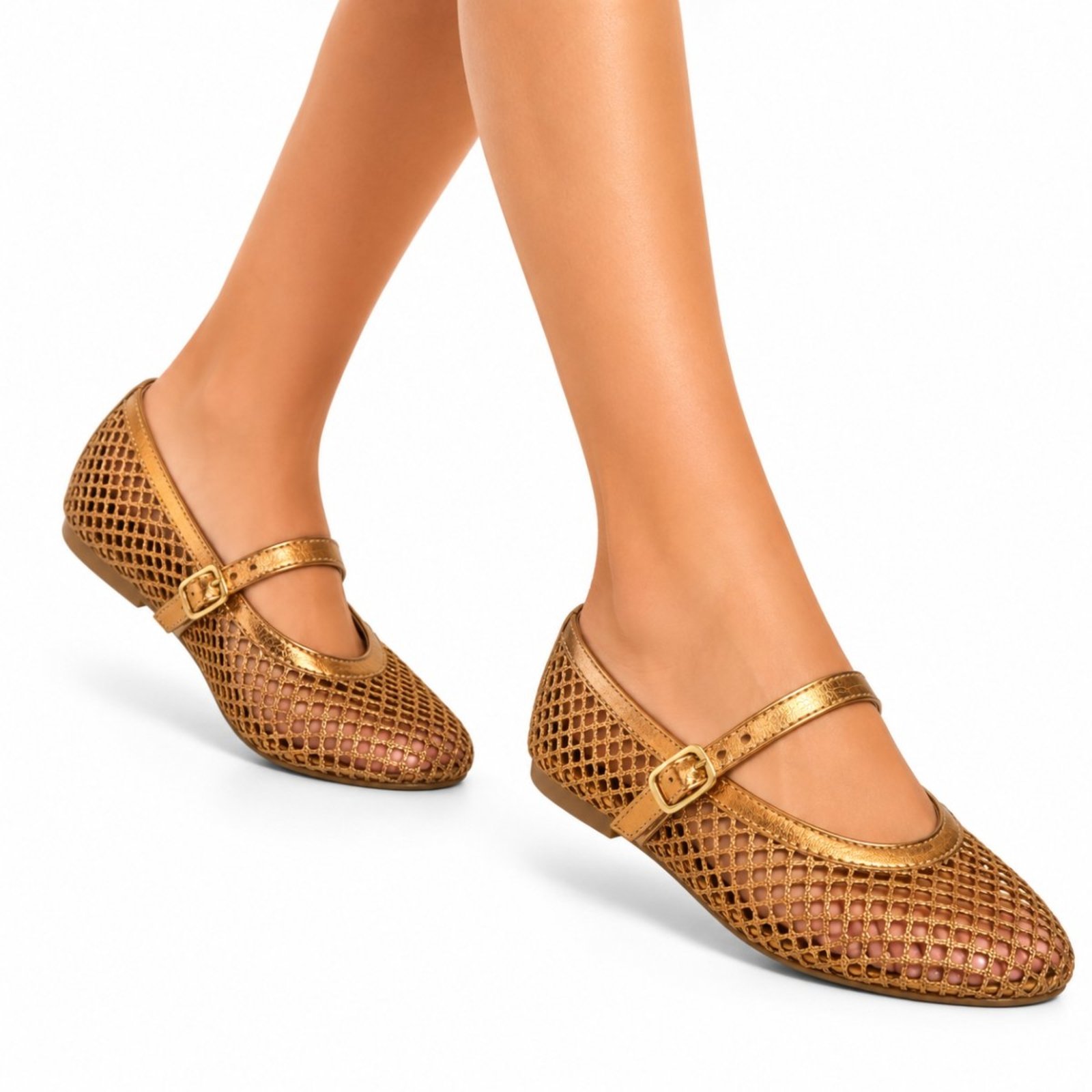 Sapatilha Sete Sales Estilo Boneca Bico Fino em Telinha Tira Com Fivela 5400 Bronze