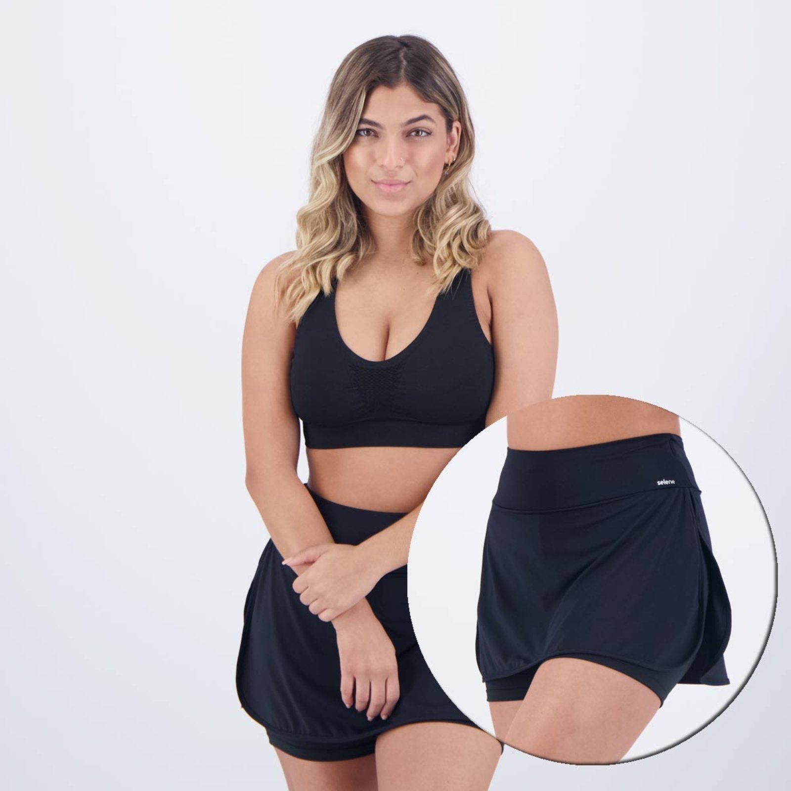 Vista 2 Conjunto Selene Top Sem Costura + Shorts Saia Pret preto SELENE preto