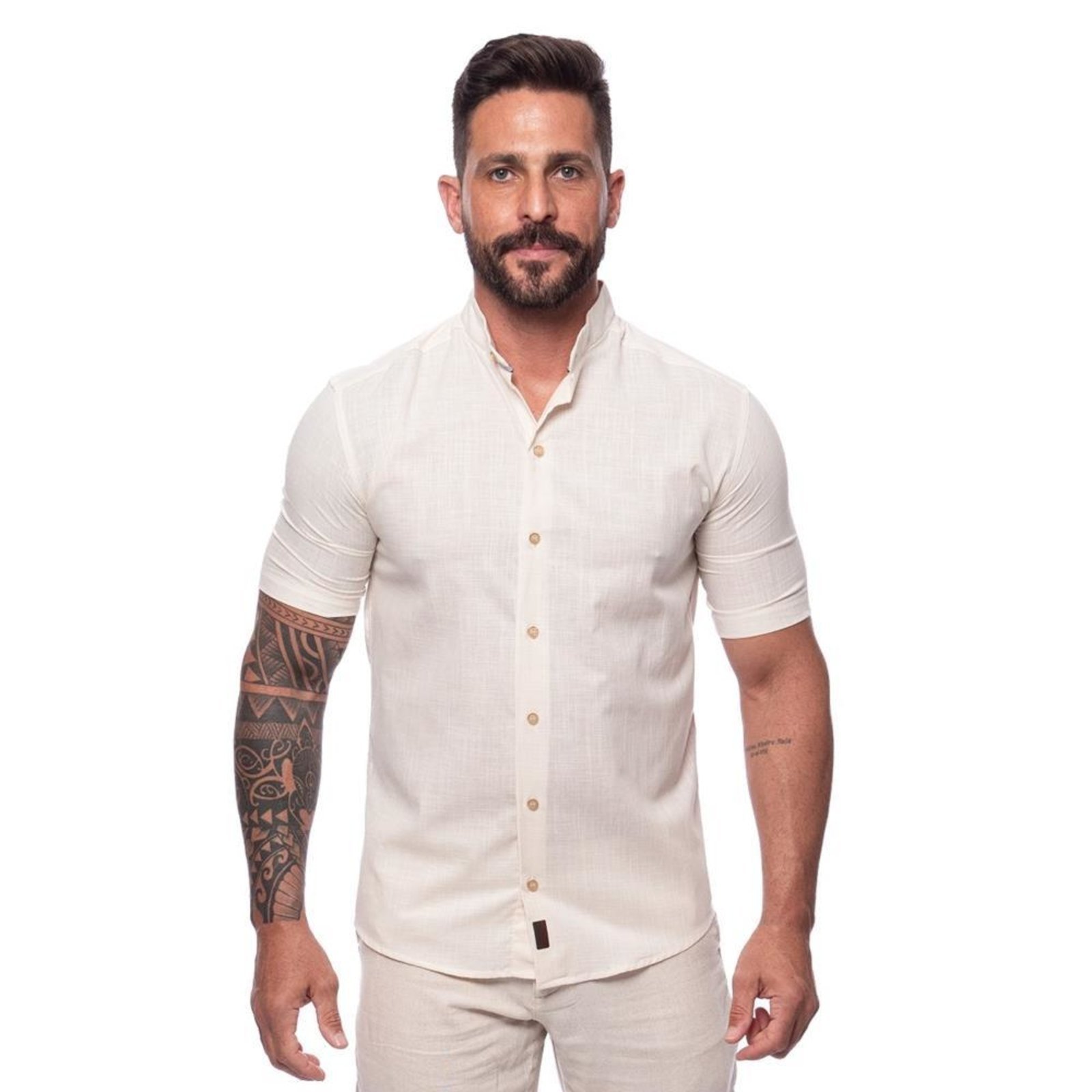 Camisa Masculina Linho Manga Curta Gola Padre Lisa Casual Azul Claro G Bege