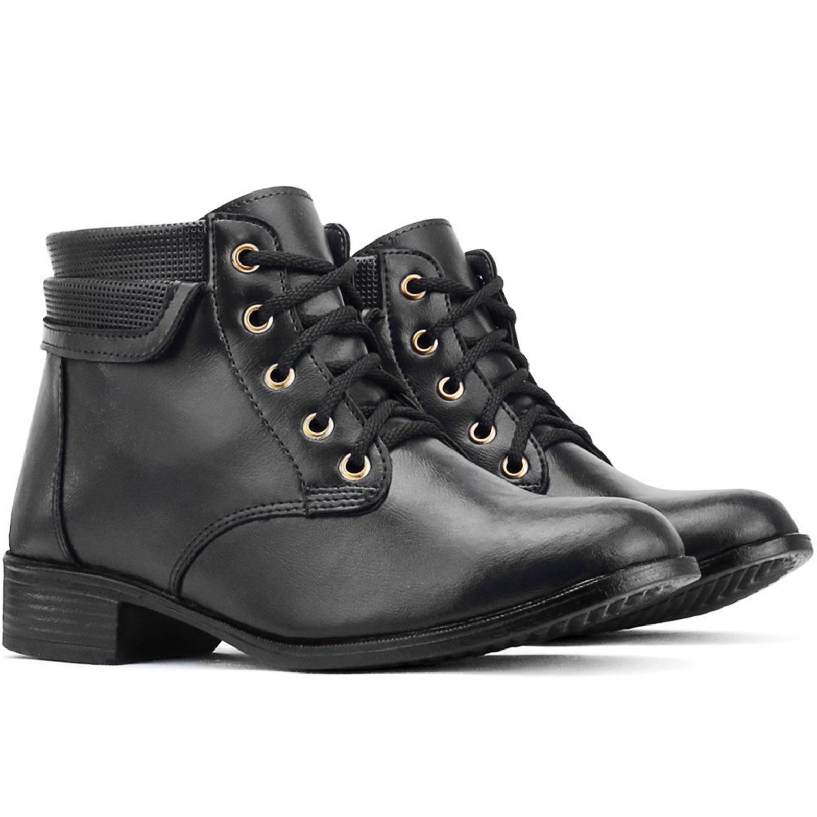 Bota Feminina Cano Curto Coturno Preto Com Cadarço Look Moda Urbana Casual