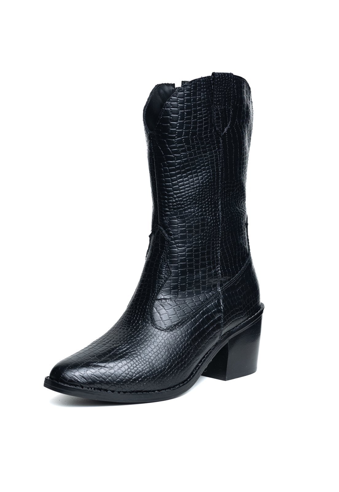 Bota Western Texana Bico Fino Country Couro Croco Preto Tellini Store
