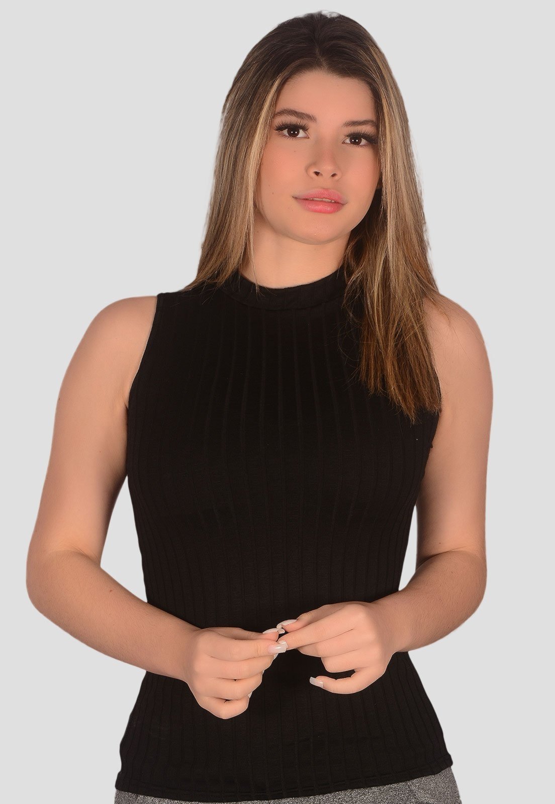 Blusa Canelada Regata Preto Toda Casual