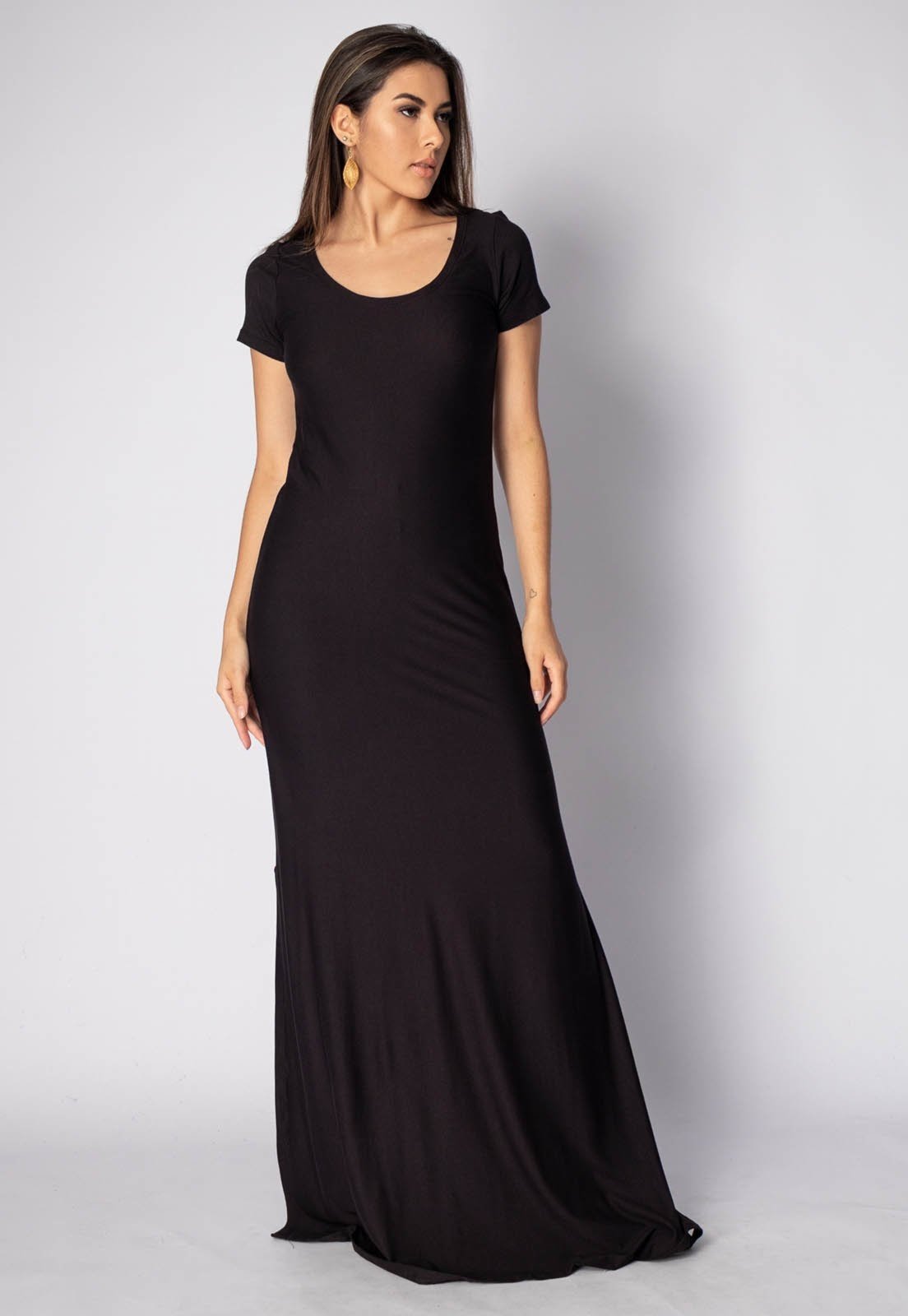 Vestido Longo Amazonia Vital Malha Manga Curta Gola Canoa Preto