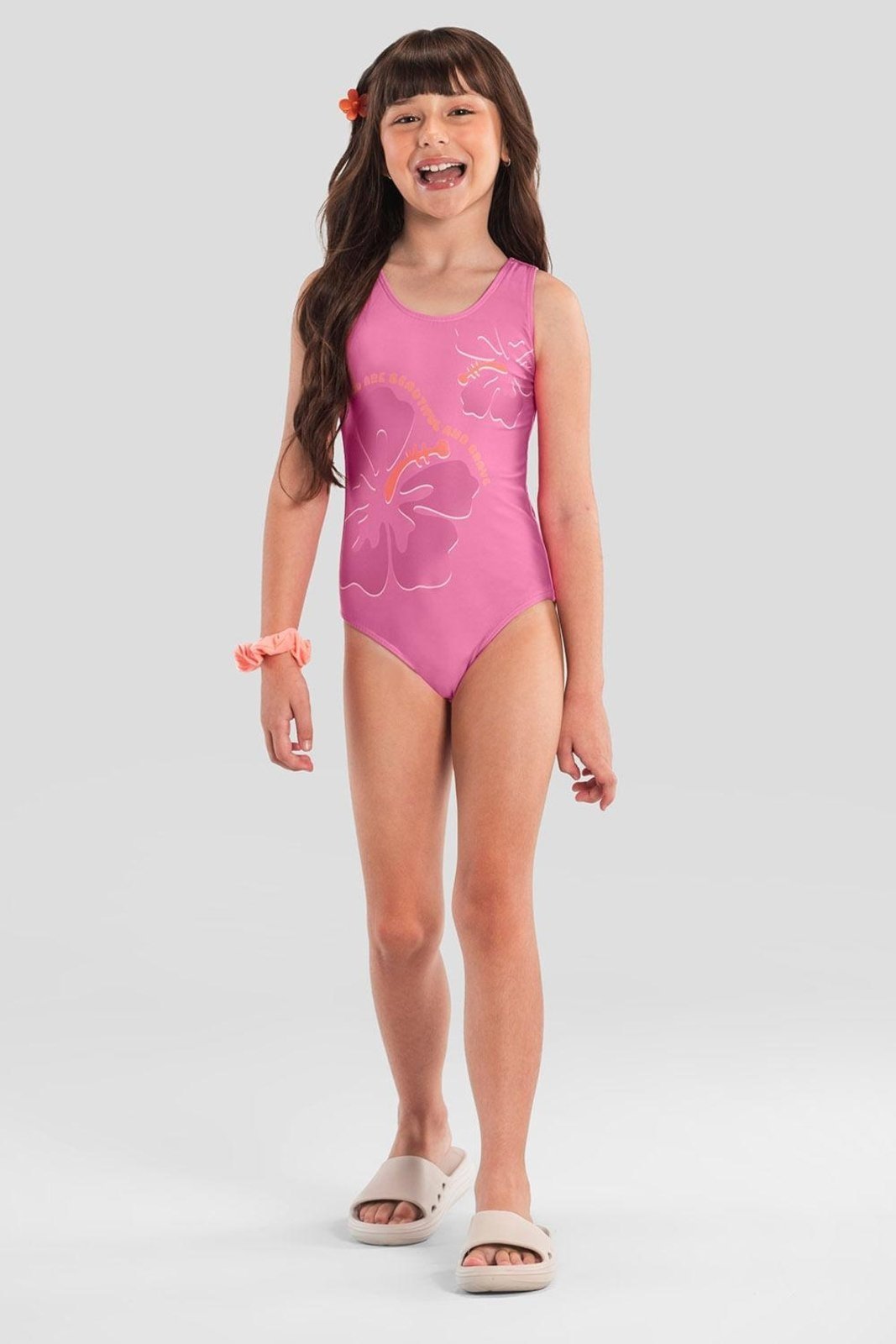 Infantil – Maiô menina de flores em malha UV Brandili Rosa