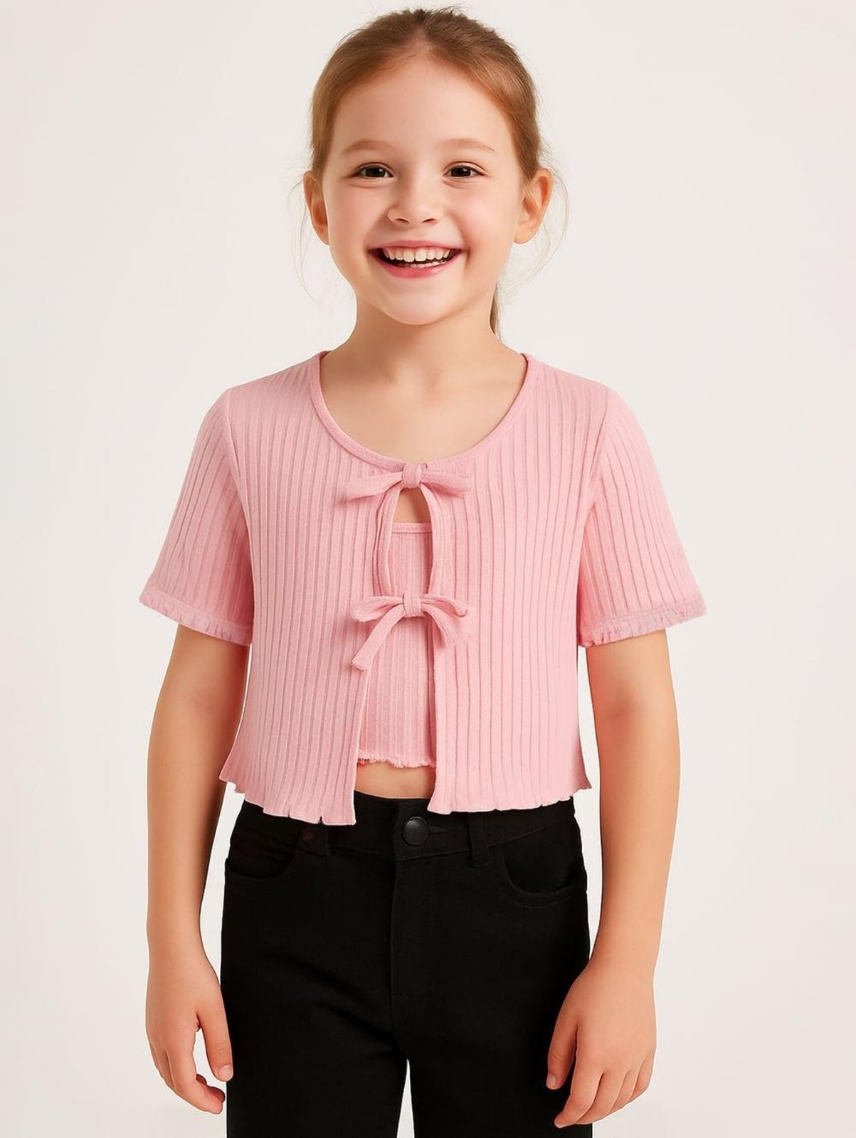 Infantil - Blusa Sobreposição Canelado Para Menina- ROSA CLARO