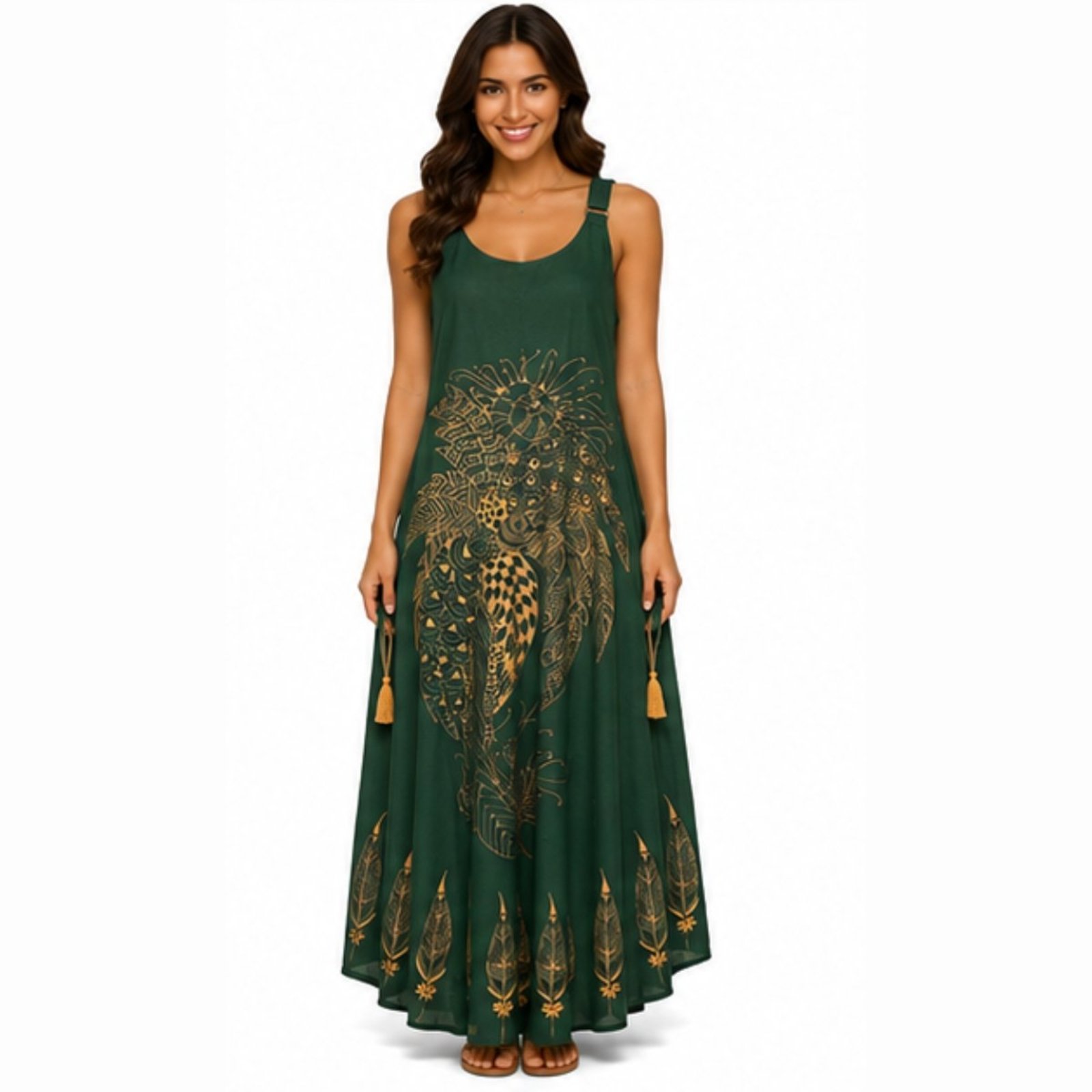Vestido Longo Feminino Viscose Estampado com Bolso e Alça Ajustável Verde
