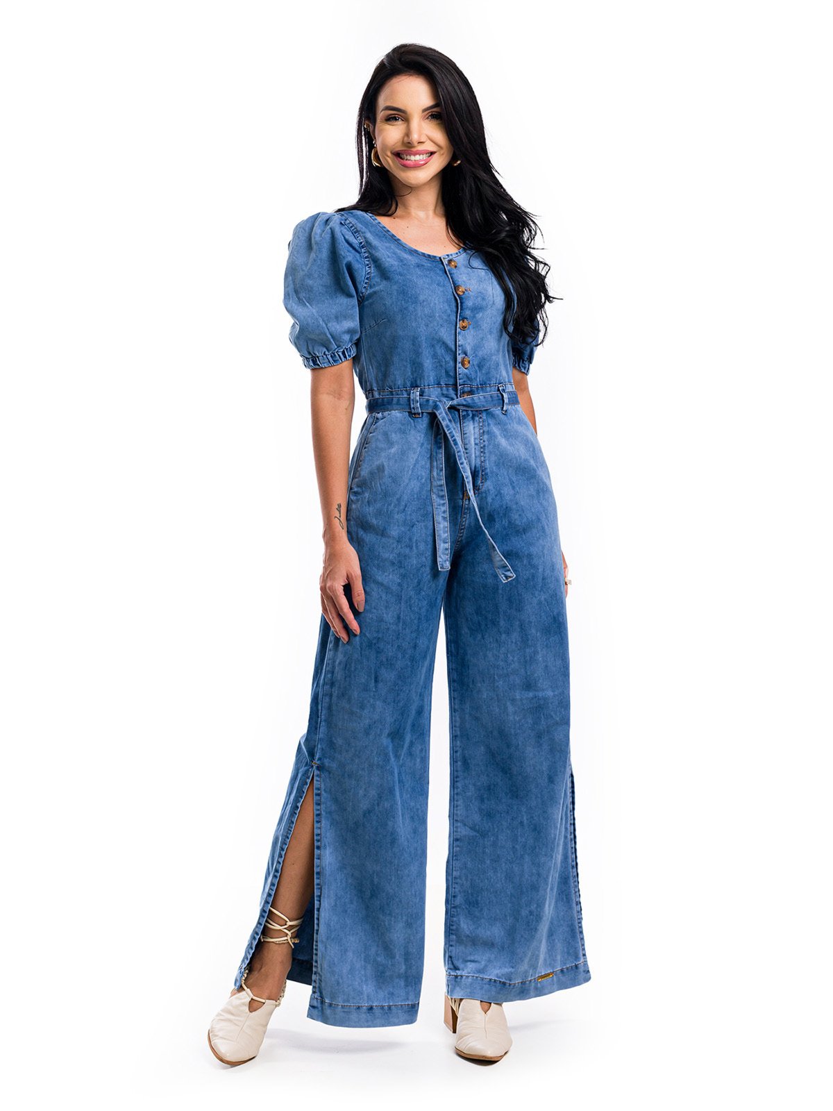 Macacão Pantalona Restrito Jeans Manga Bufante – AZUL MÉDIO