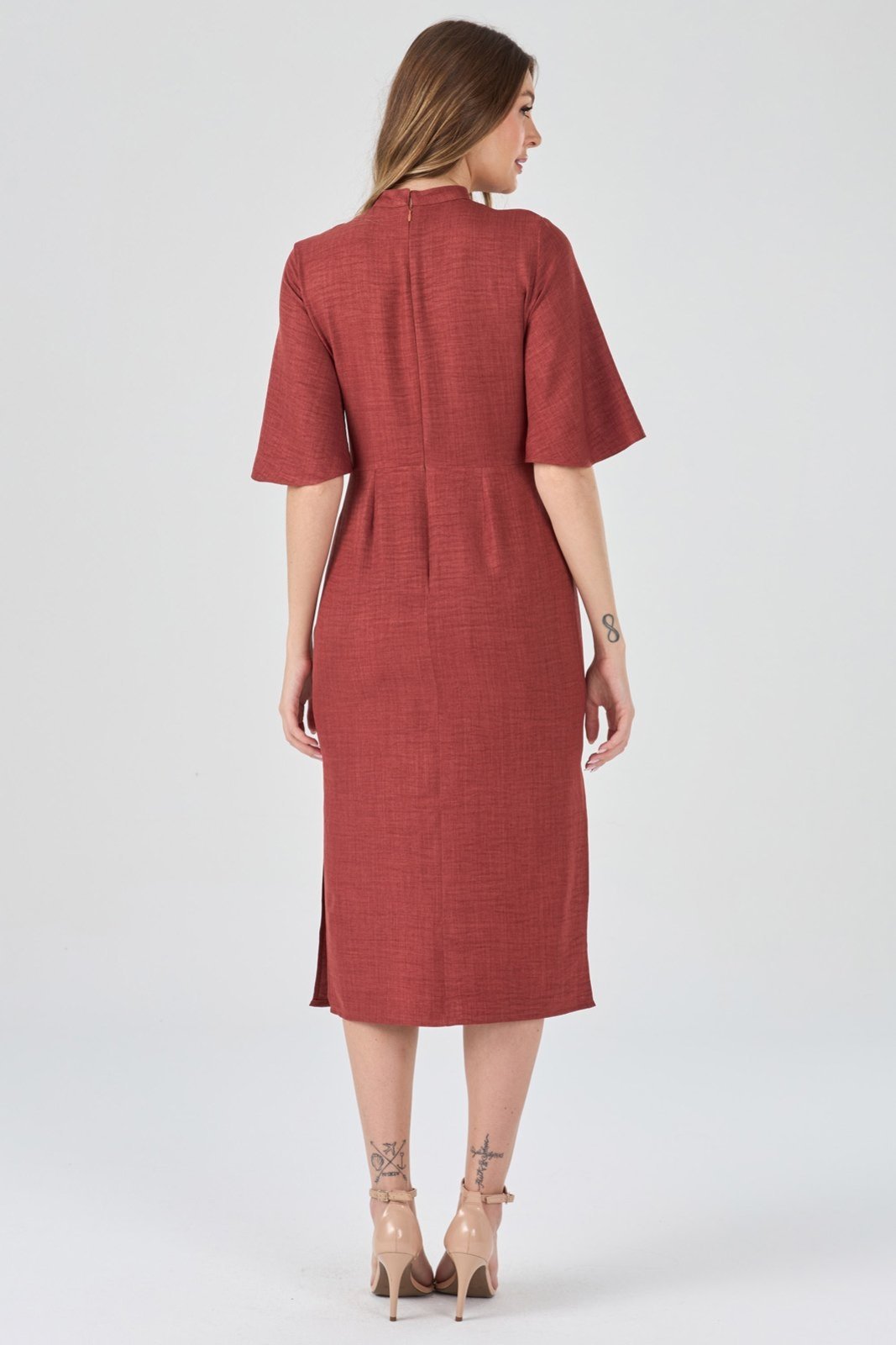 Vestido Midi PKS Mangas 3/4 Terracota