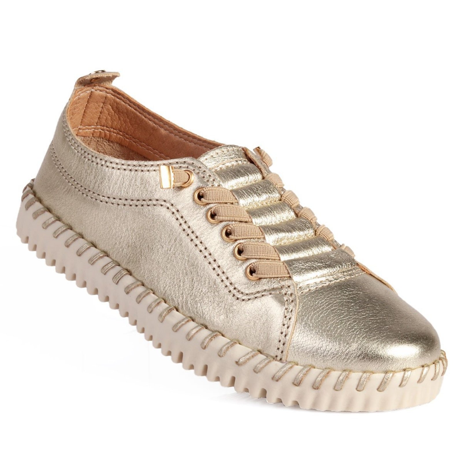 Tênis Feminino Bottero em Couro Metalizado Dourado com Cadarço em Elástico