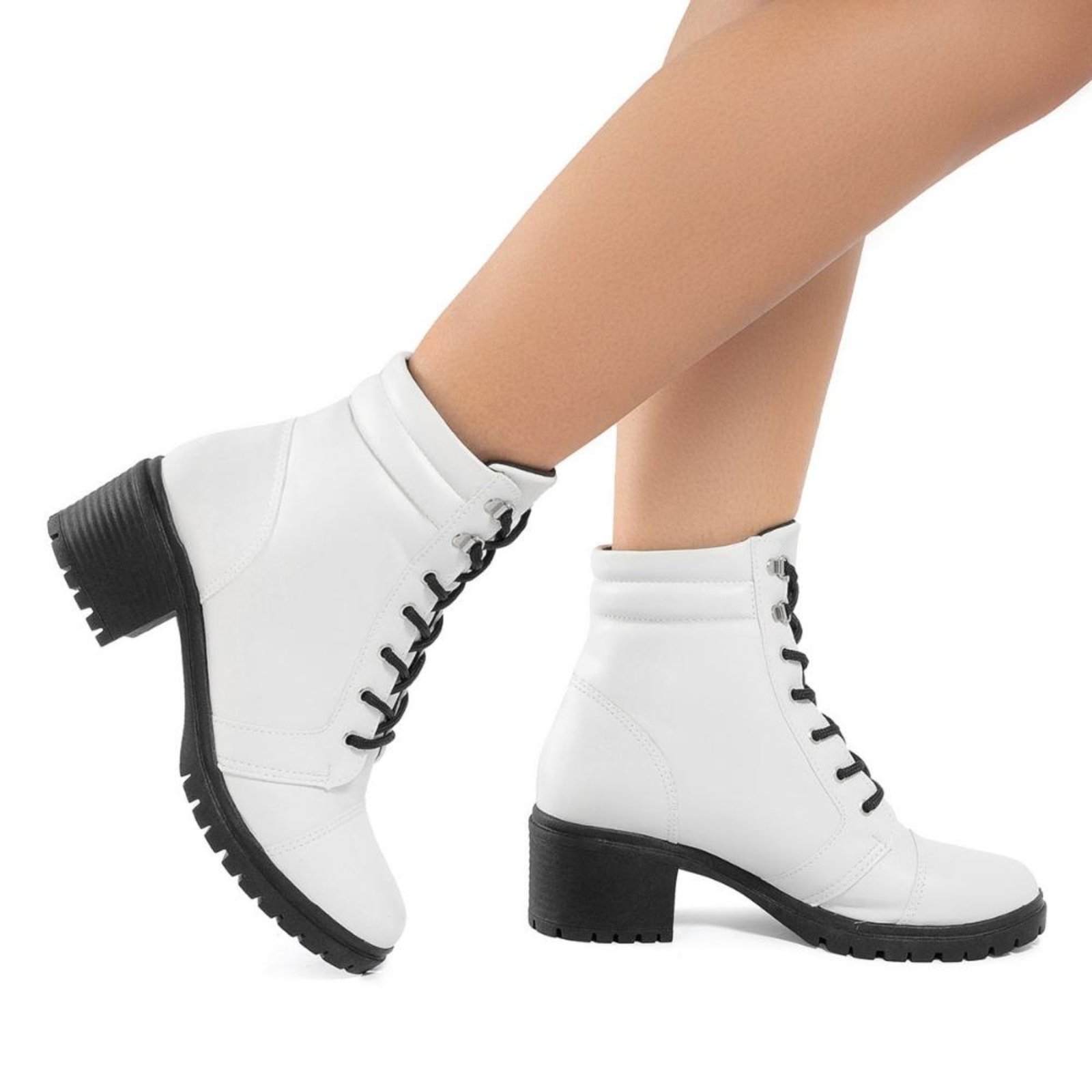 Bota Coturno Feminina Cano Baixo Tratorada Salto Confort Off White Com Preto