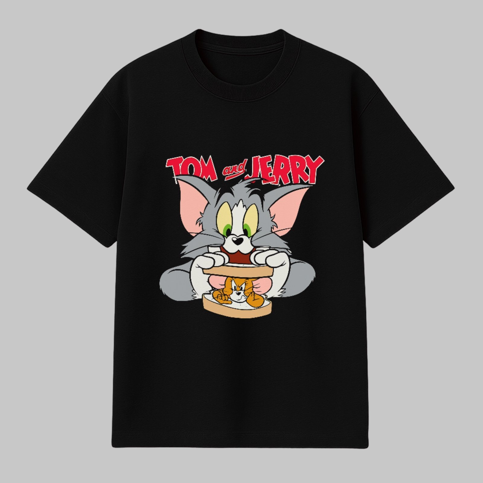 Camiseta Básica Tom And Jerry Cartoon Retrô Estampada Algodão Premium Preto