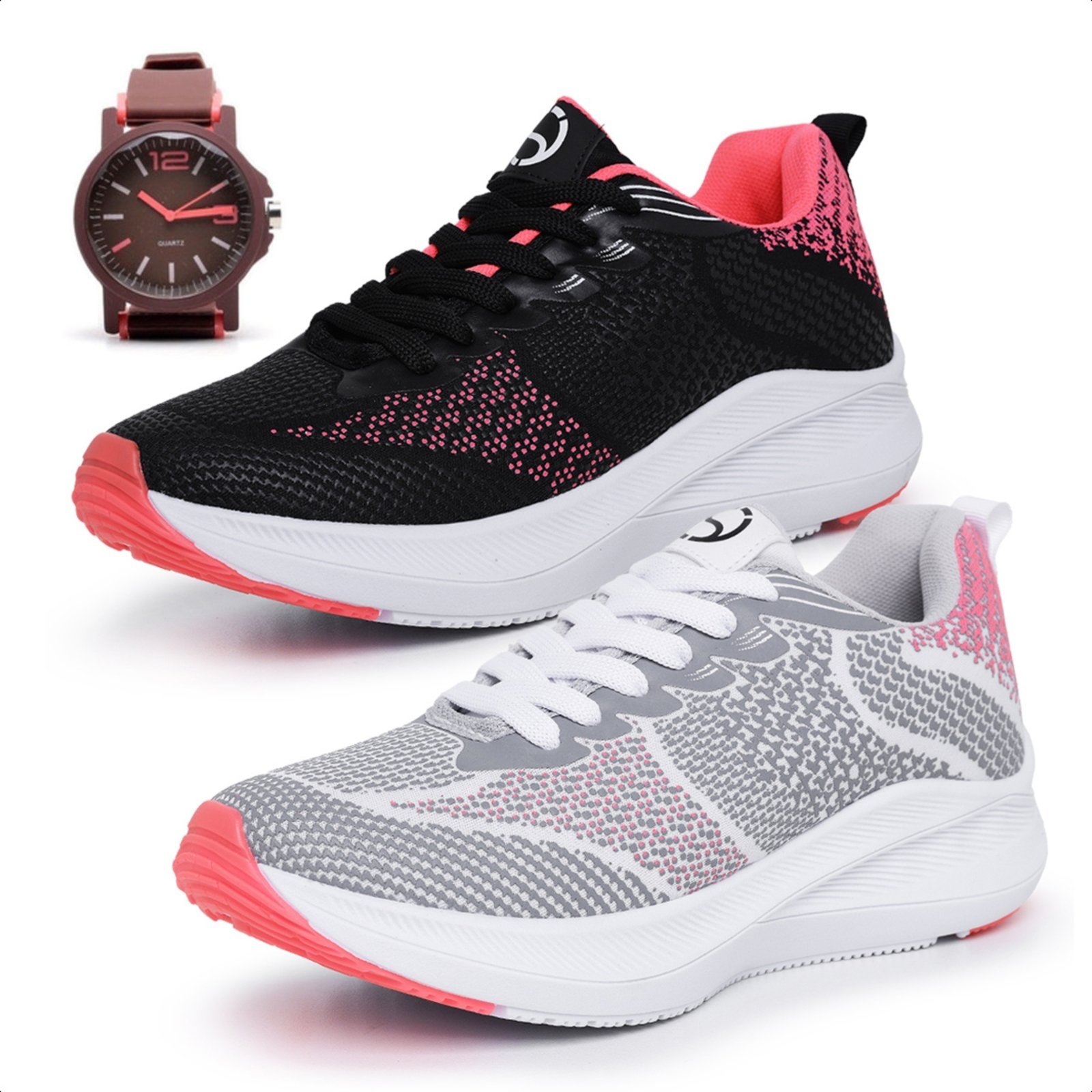 Kit 2 Pares Tênis Esportivo Masculino Feminino Original Para Treino Leve Preto com Rosa e Branco com Rosa Mais Relógio