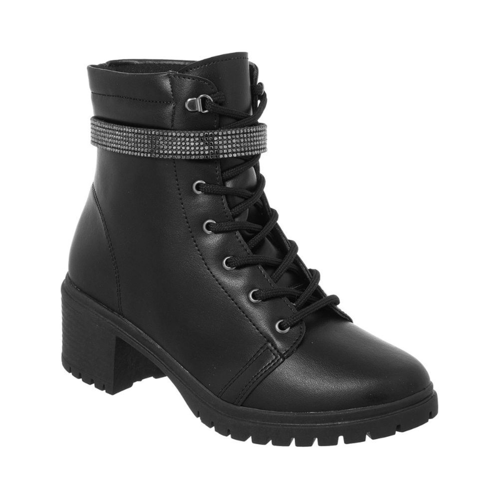 Coturno Bota Tratorada Feminina Strass Brilho Cano Curto Preto