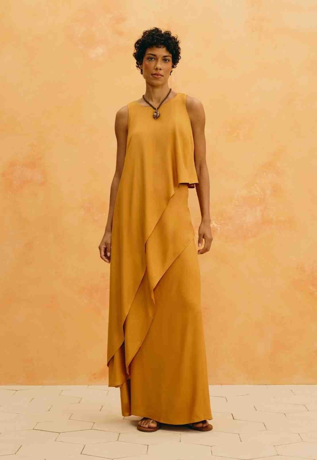 Saia Longa Lisa Cascata Amarelo