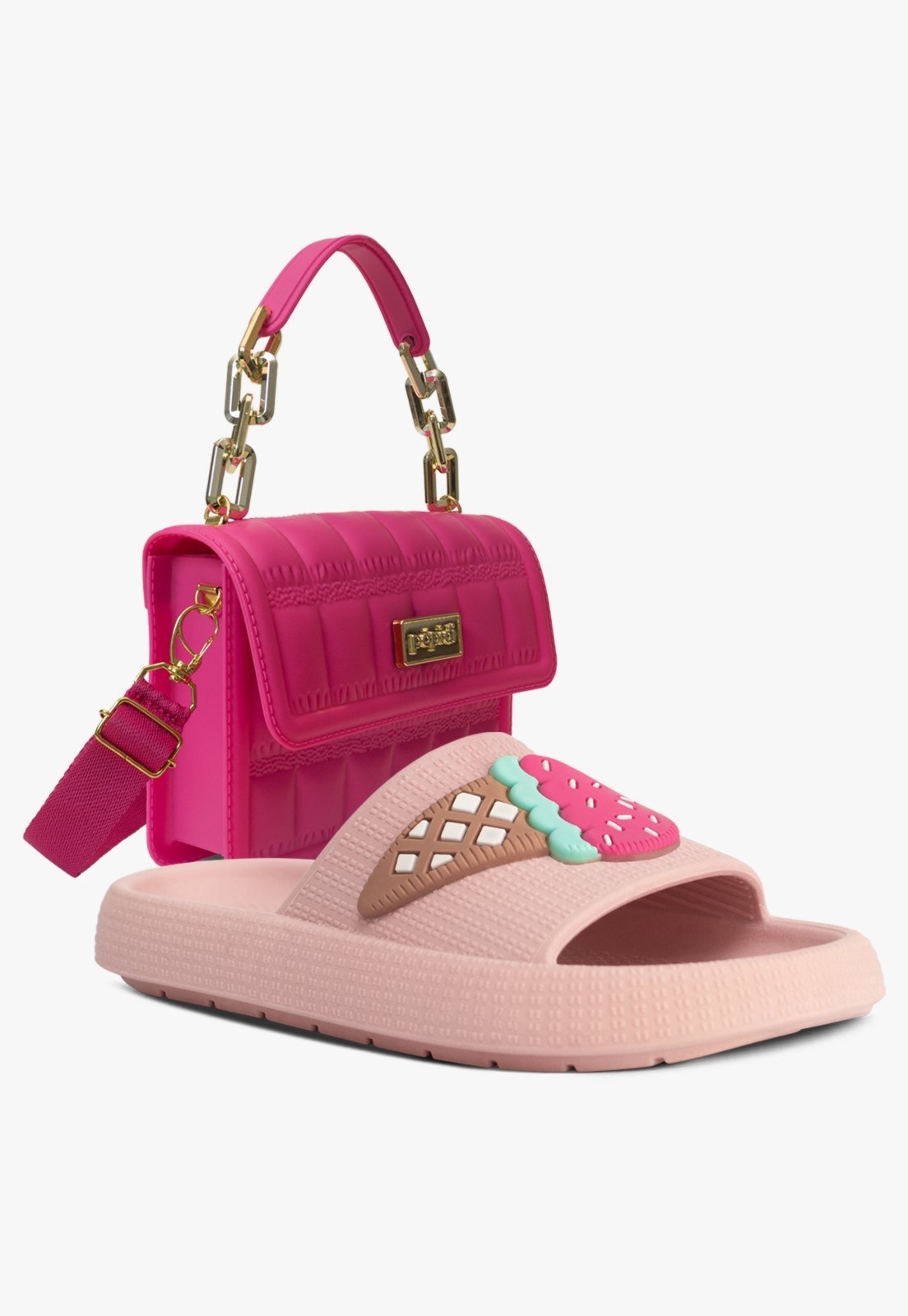 Vista 2 Infantil - Kit Bolsa e Chinelo Slide Sandália Juvenil Menina Pópidi Pink rosa Pópidí rosa