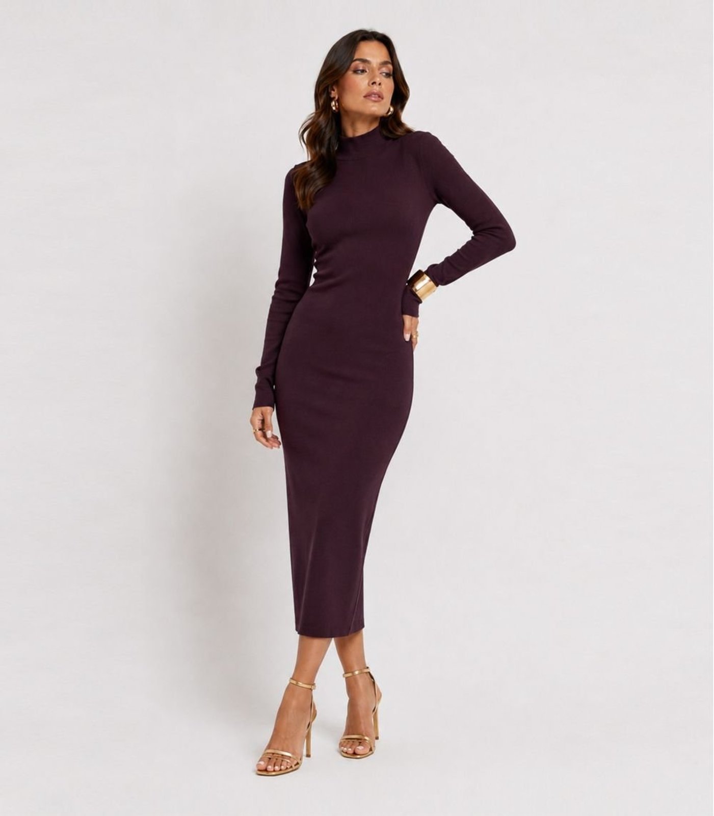 Vestido Midi Manga Comprida Gola Alta Infinita Cor Roxo