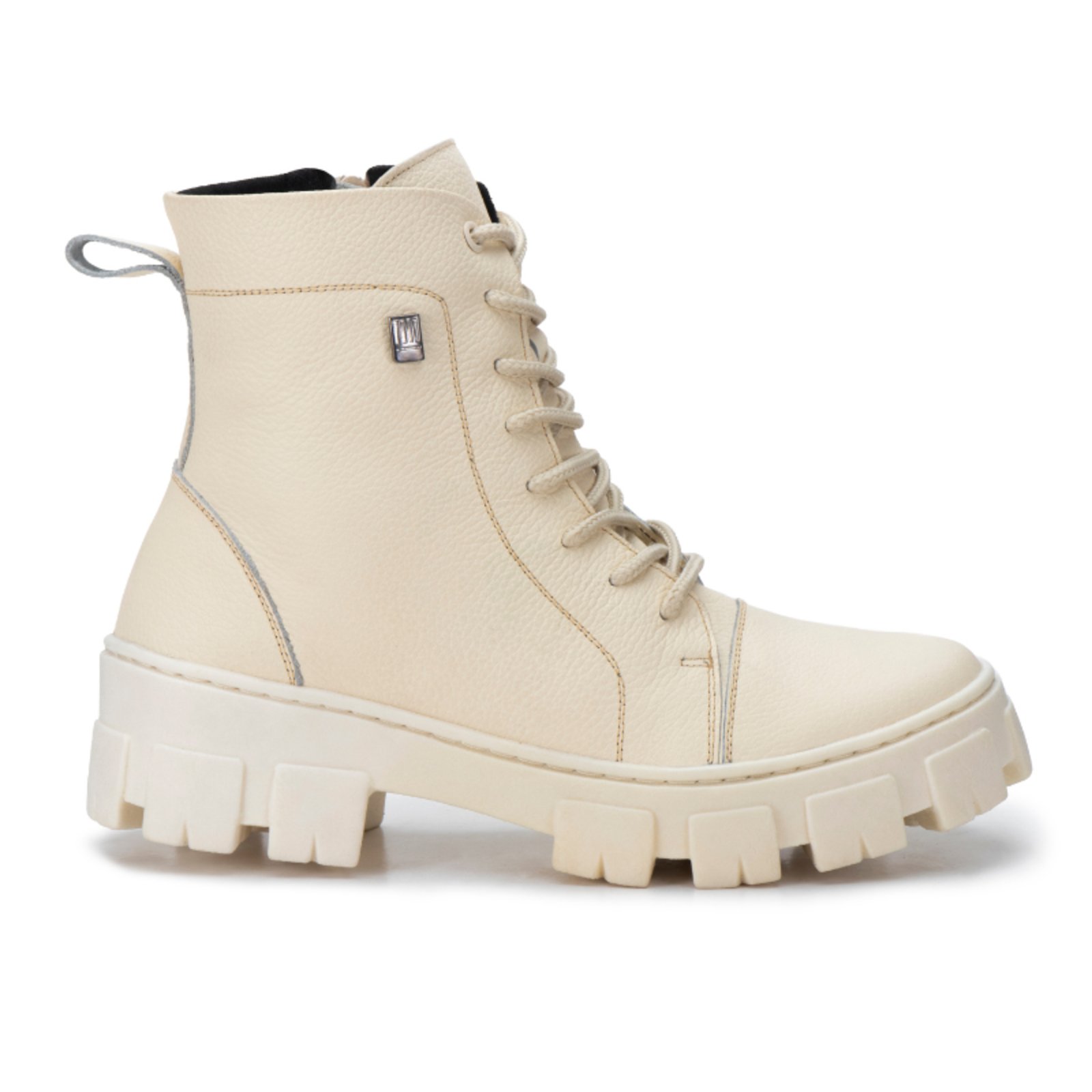 Bota Coturno Feminina Miuzzi Off White Couro Legítimo Bovino Cano Alto Com Solado Plataforma Com Amarração Em Cadarço Moderno e Elegante