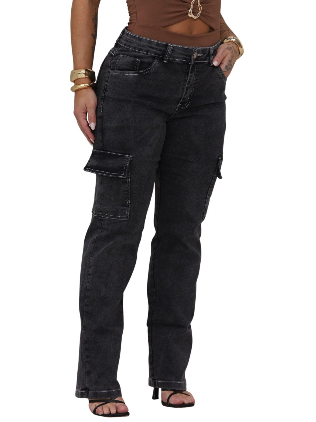 Calça Feminina Jeans Light Cargo Grafite