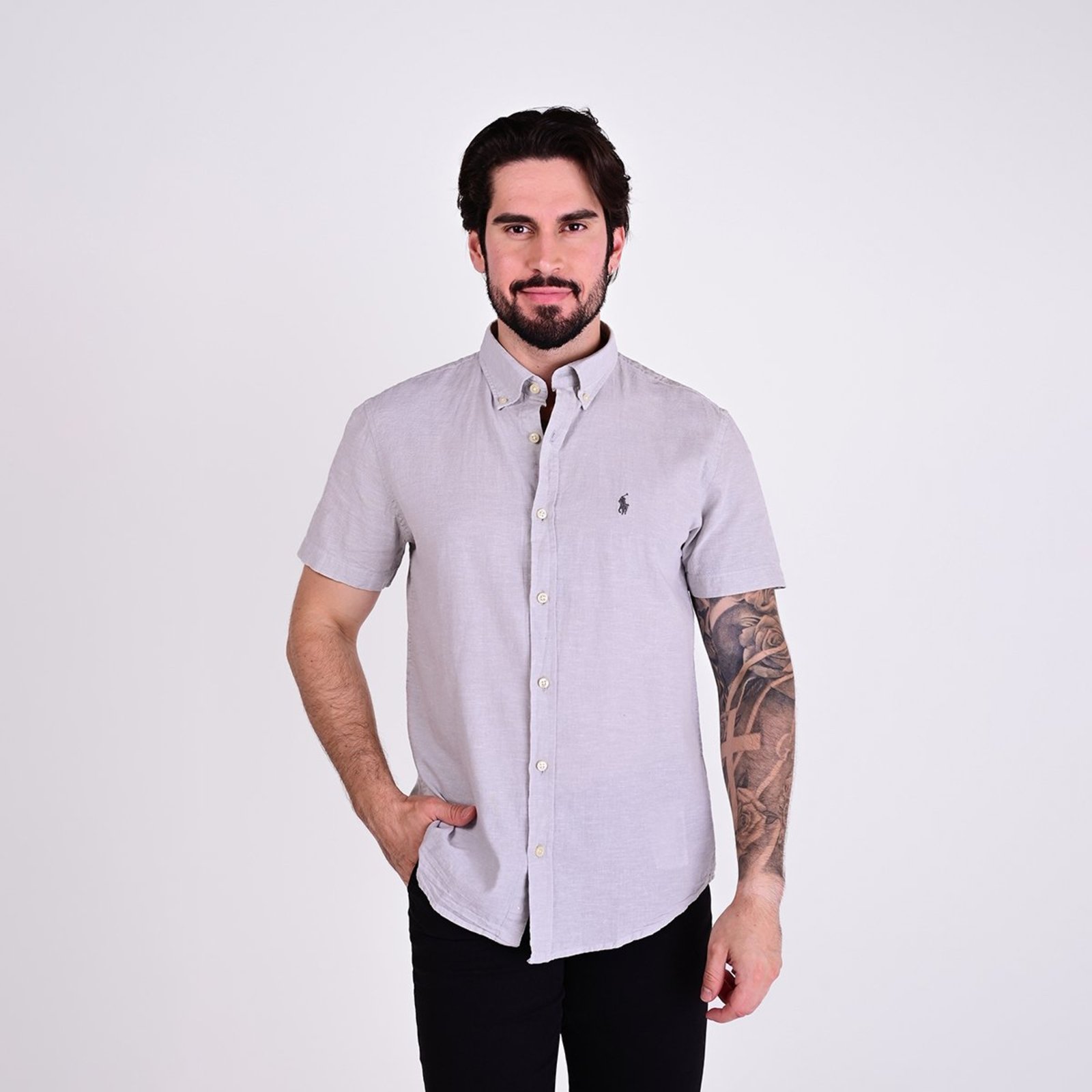 Camisa RL Linho Manga Curta Cinza