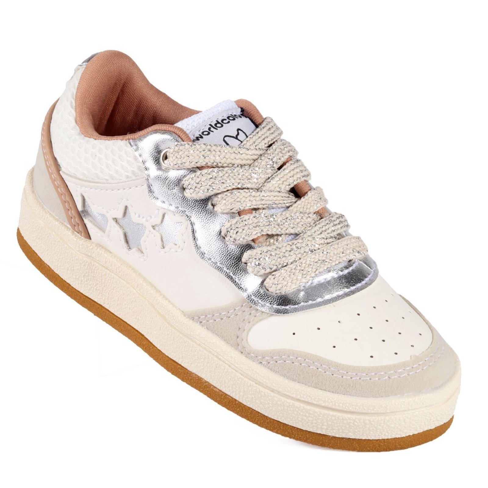Tênis Feminino WorldColors Street Pop Off-White com Detalhes em Prata e Glitter