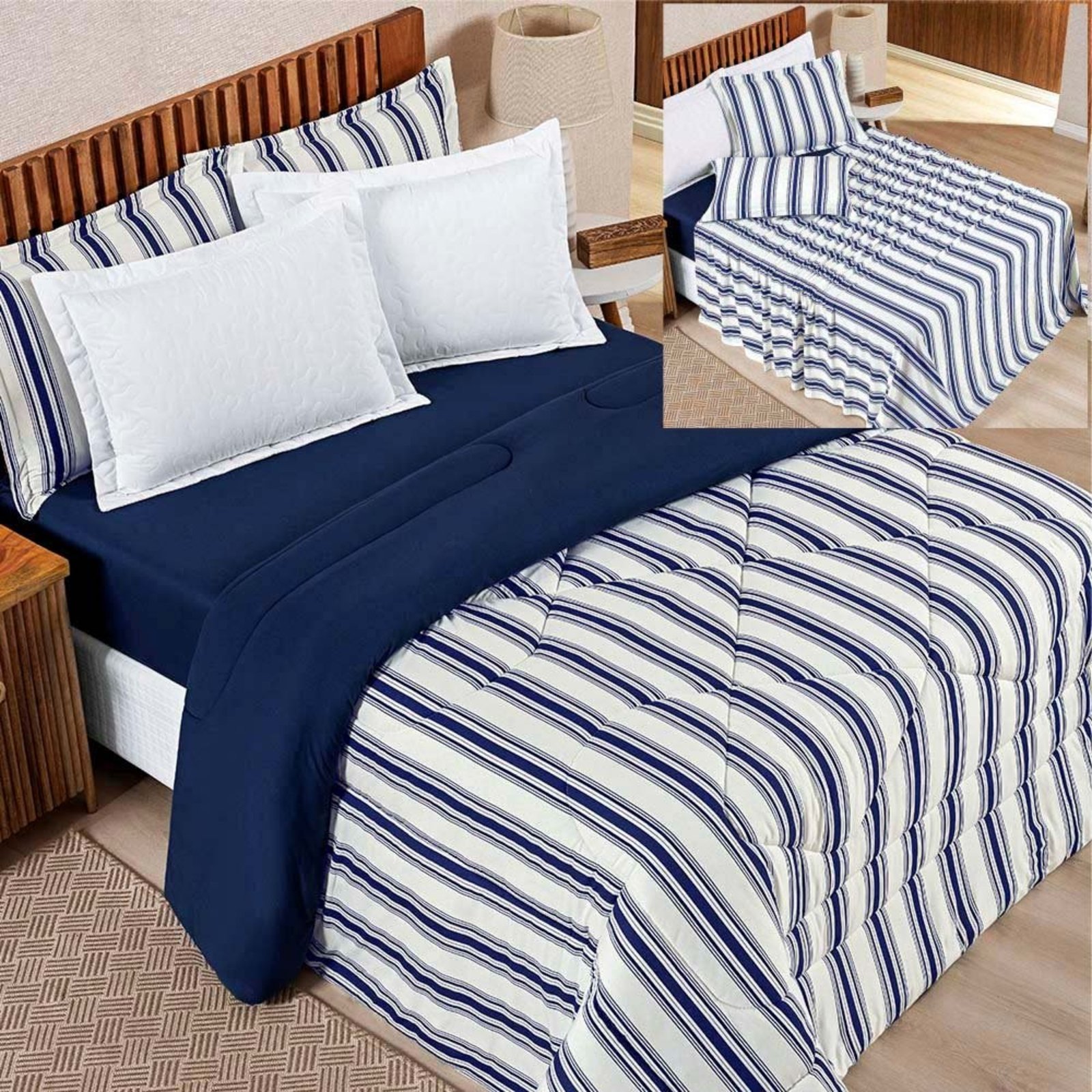 Coordenado Edredom com Lençol Estilo King 5 Peças - Marinho - 100% Algodão