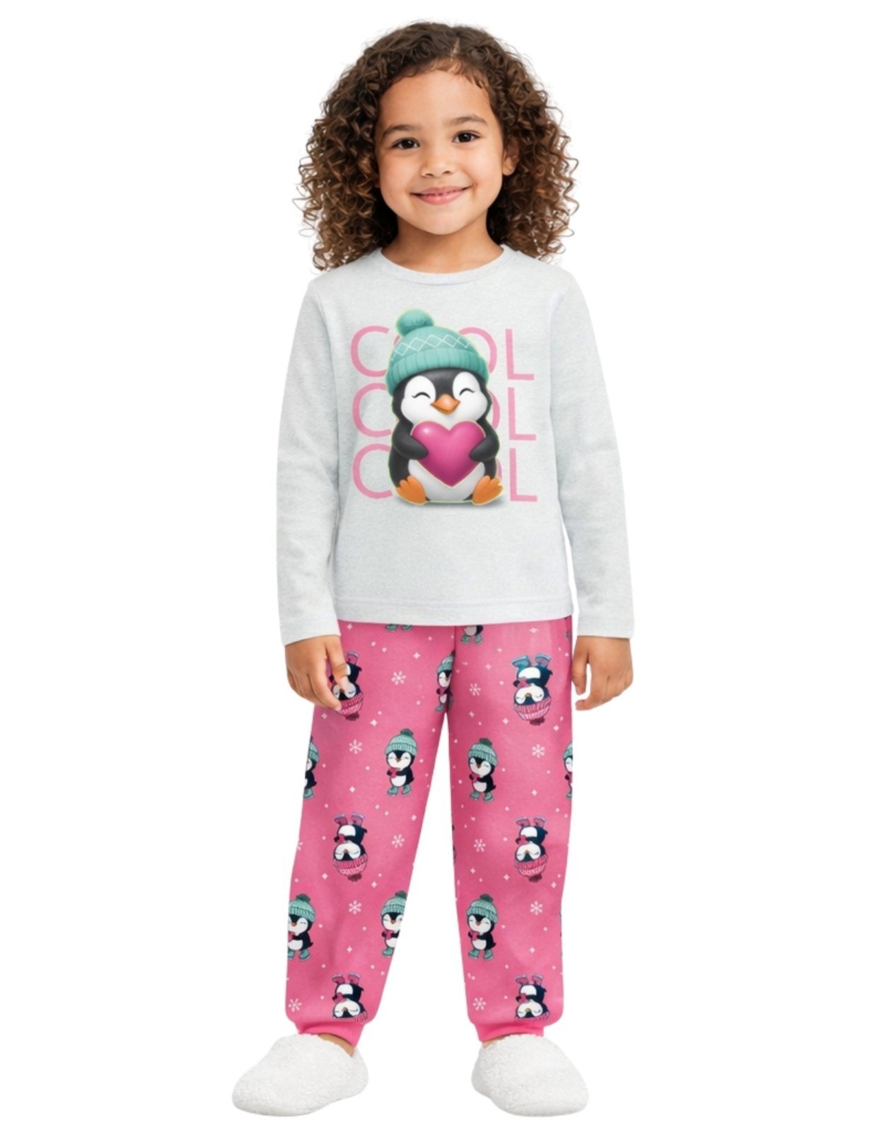 Vista 3 Pijama 2pçs Manga Longa e Calça Kyly Unicórnio Pinguim Mescla cinza Kyly cinza