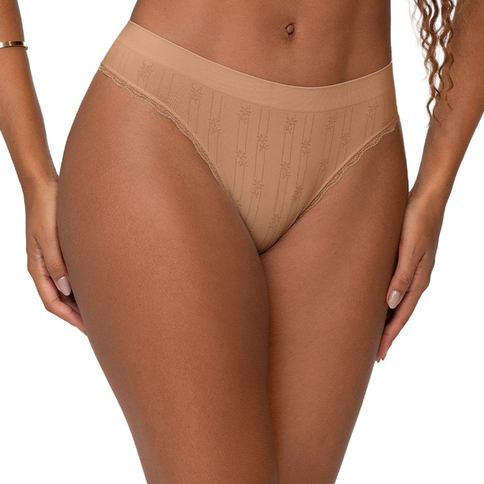 Calcinha Biquíni Anatômico Jacquard com Renda sem Costura Bege