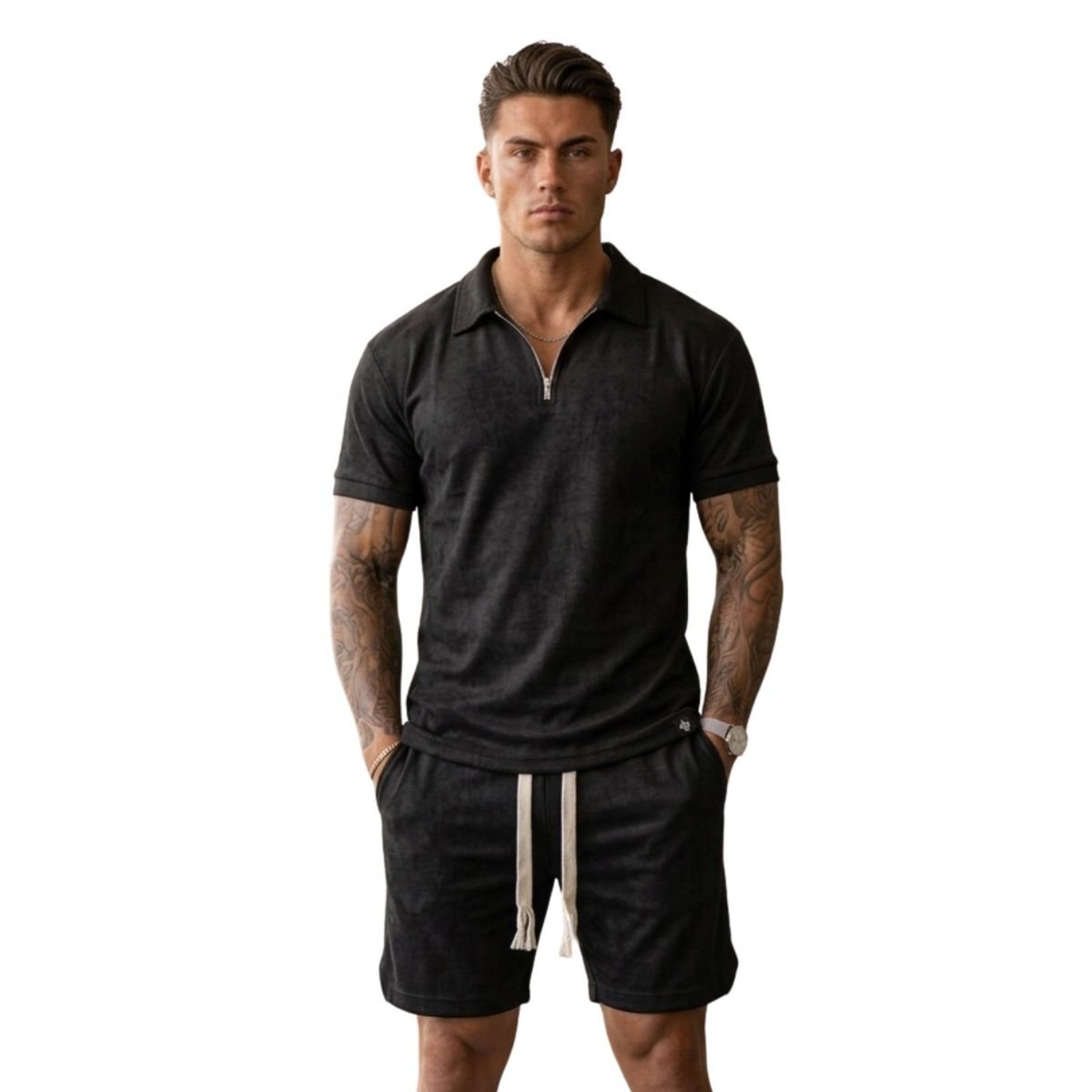 Conjunto Masculino Oversized Suedine Premium Polo Zíper Bermuda Preto