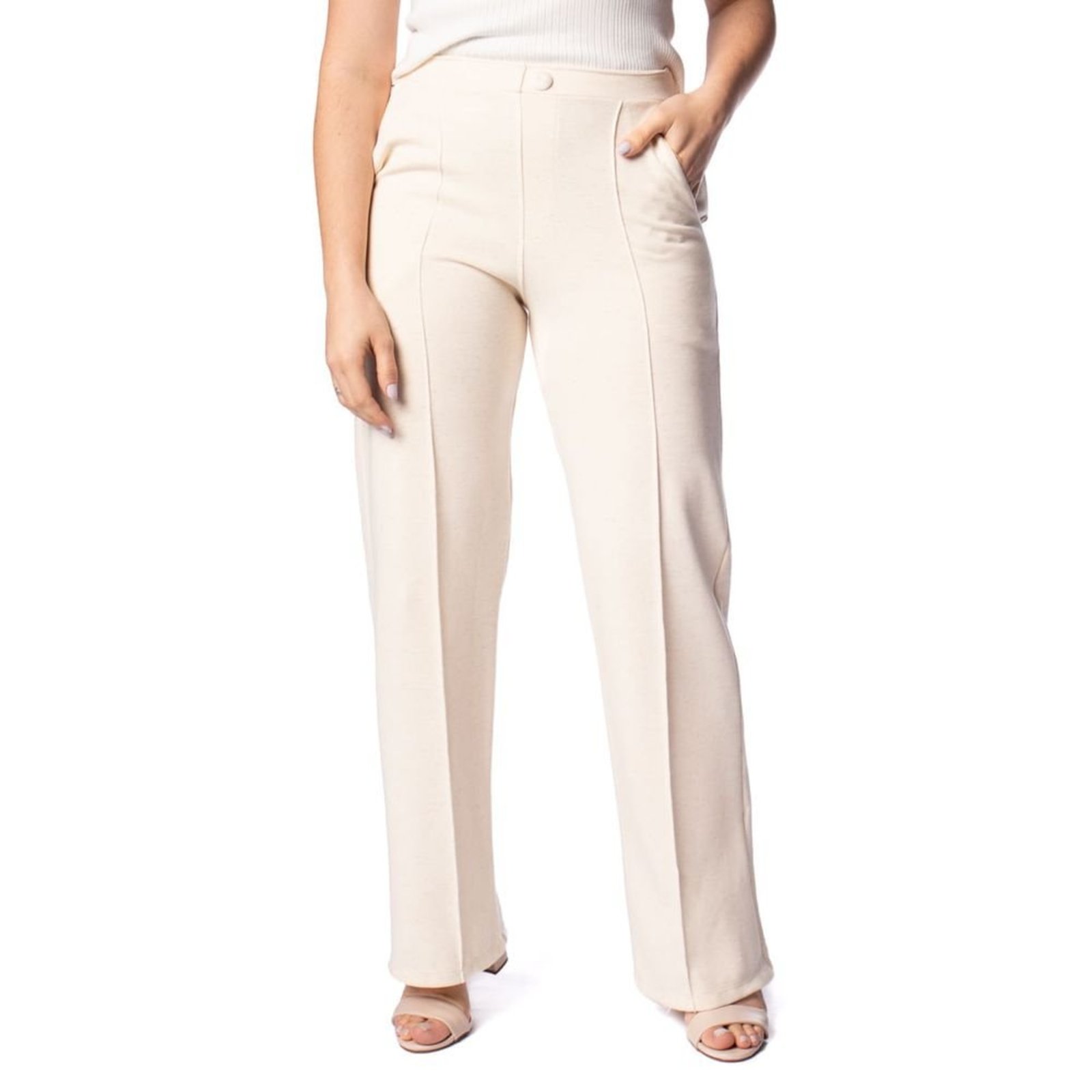 Calça Feminina Olho Fatal Wide Leg Jacquard Linho Bege Claro