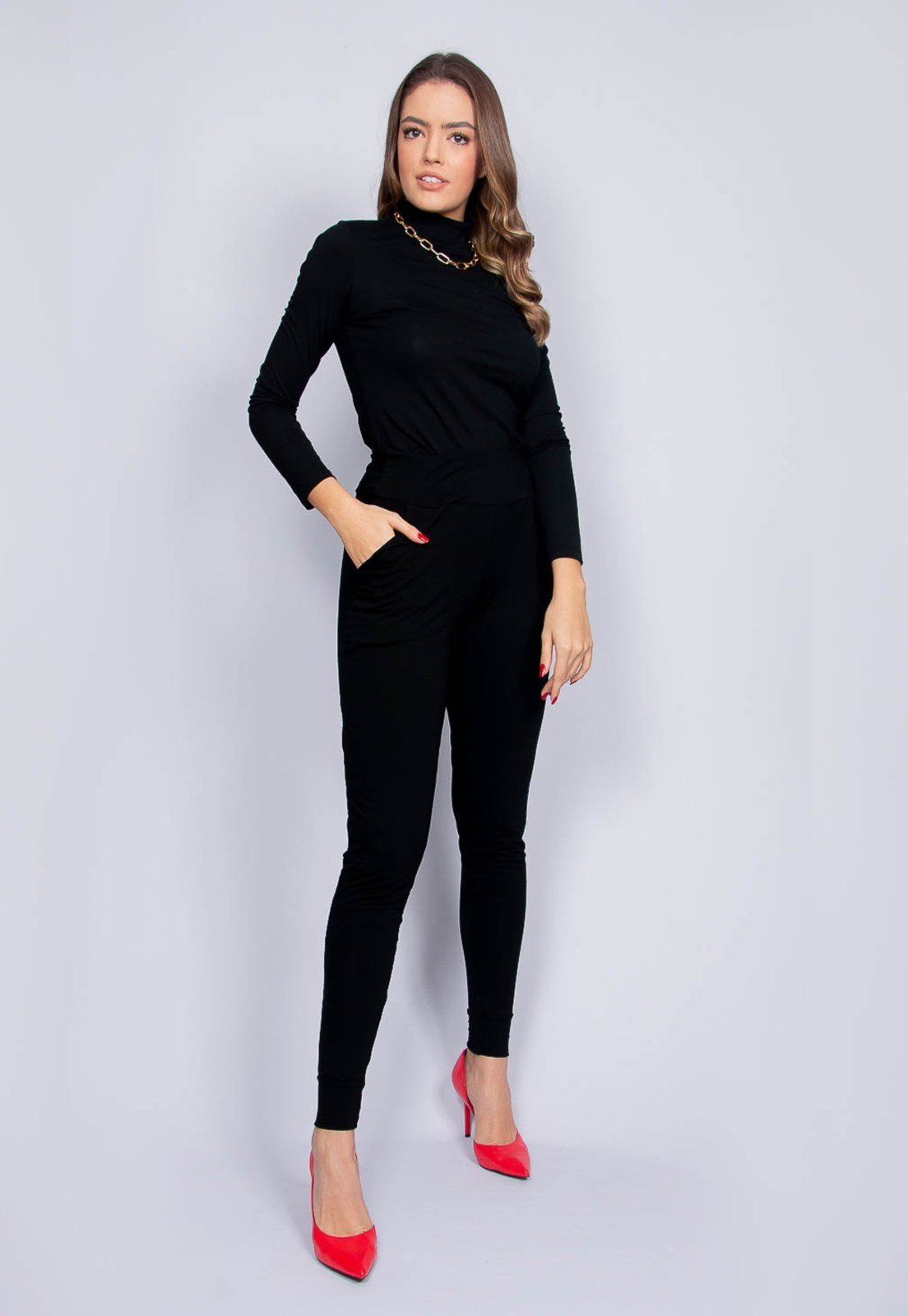 Conjunto Calça e Blusa Manga Longa Maria Pares Gola Alta Preto