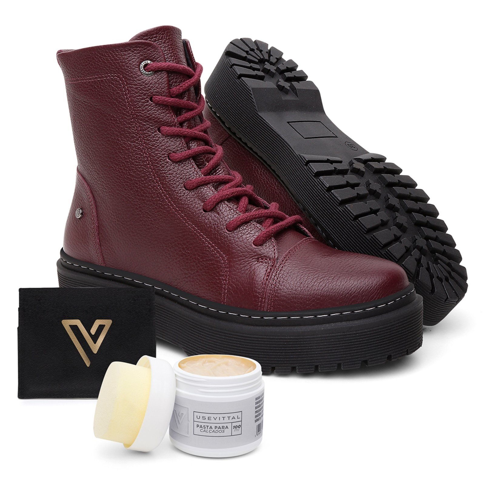 Bota Coturno Feminino em Couro C/ Porta Cartão e Creme Hidratante Vittal Bordô