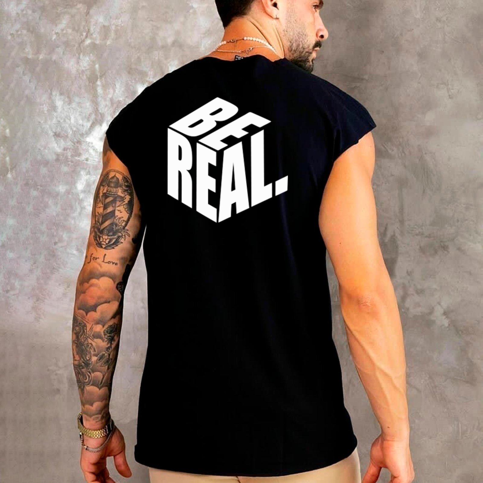 Camiseta Regata Machão Ousy Frase Motivacional Be Real Oversized Masculina Preto