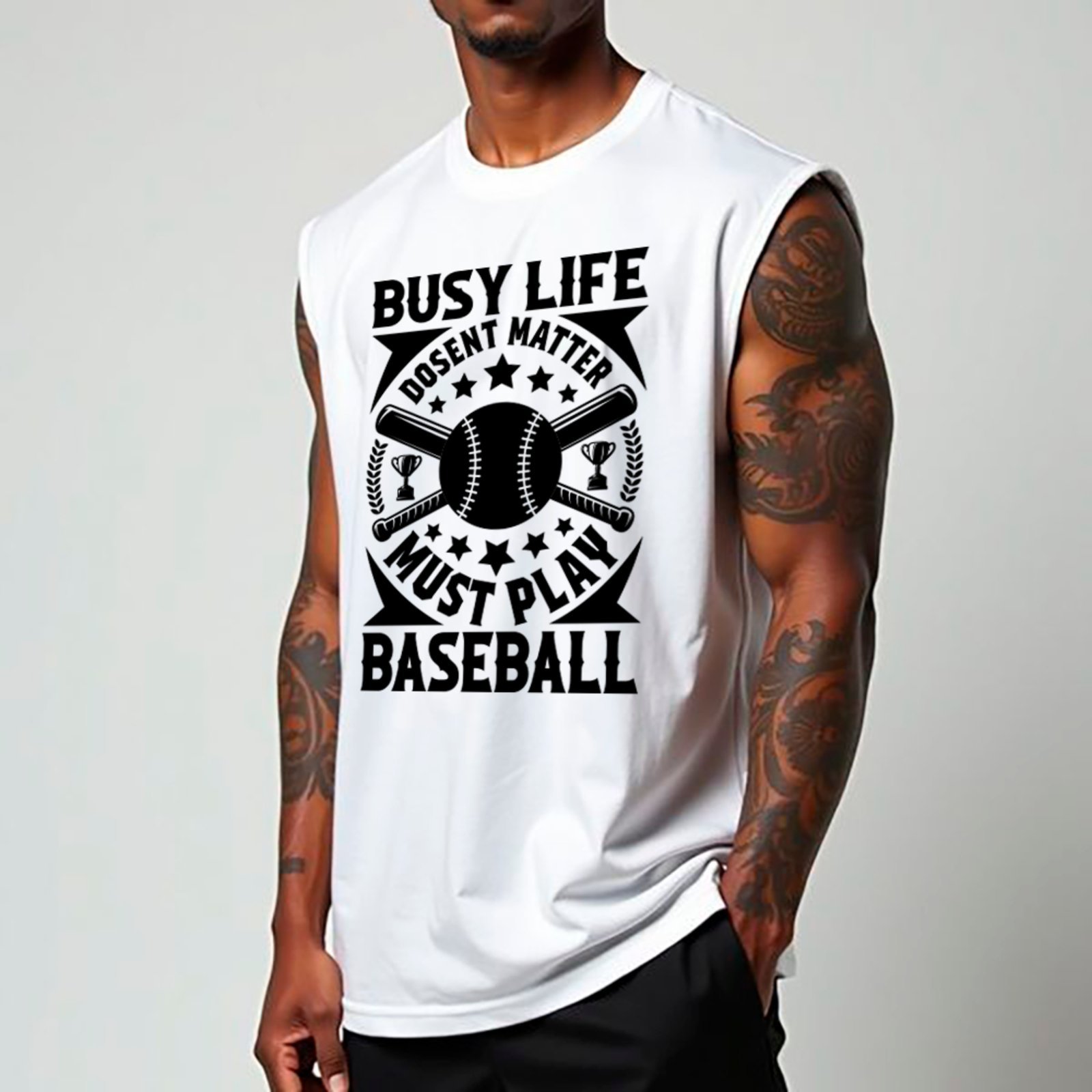 Camiseta Regata Machão Ousy Busy Life Must Play Baseball Oversized Masculina Branco
