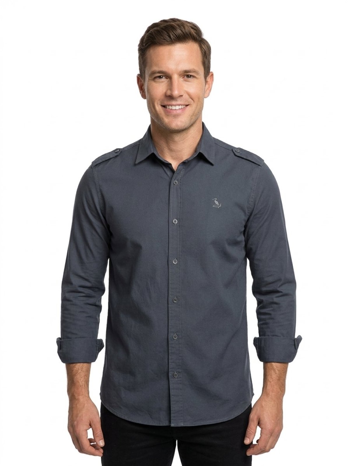 Camisa Estilo Militar Amil Comfort Pewter Com Lapela nos Ombros M/Longa Lançamento Luxo Chumbo