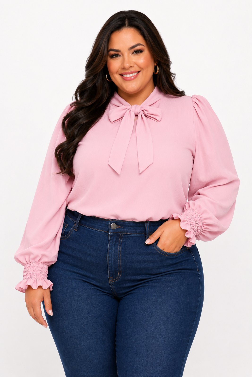 Blusa Plus Size D Bell Outlet Fashion Laço Rosa Claro