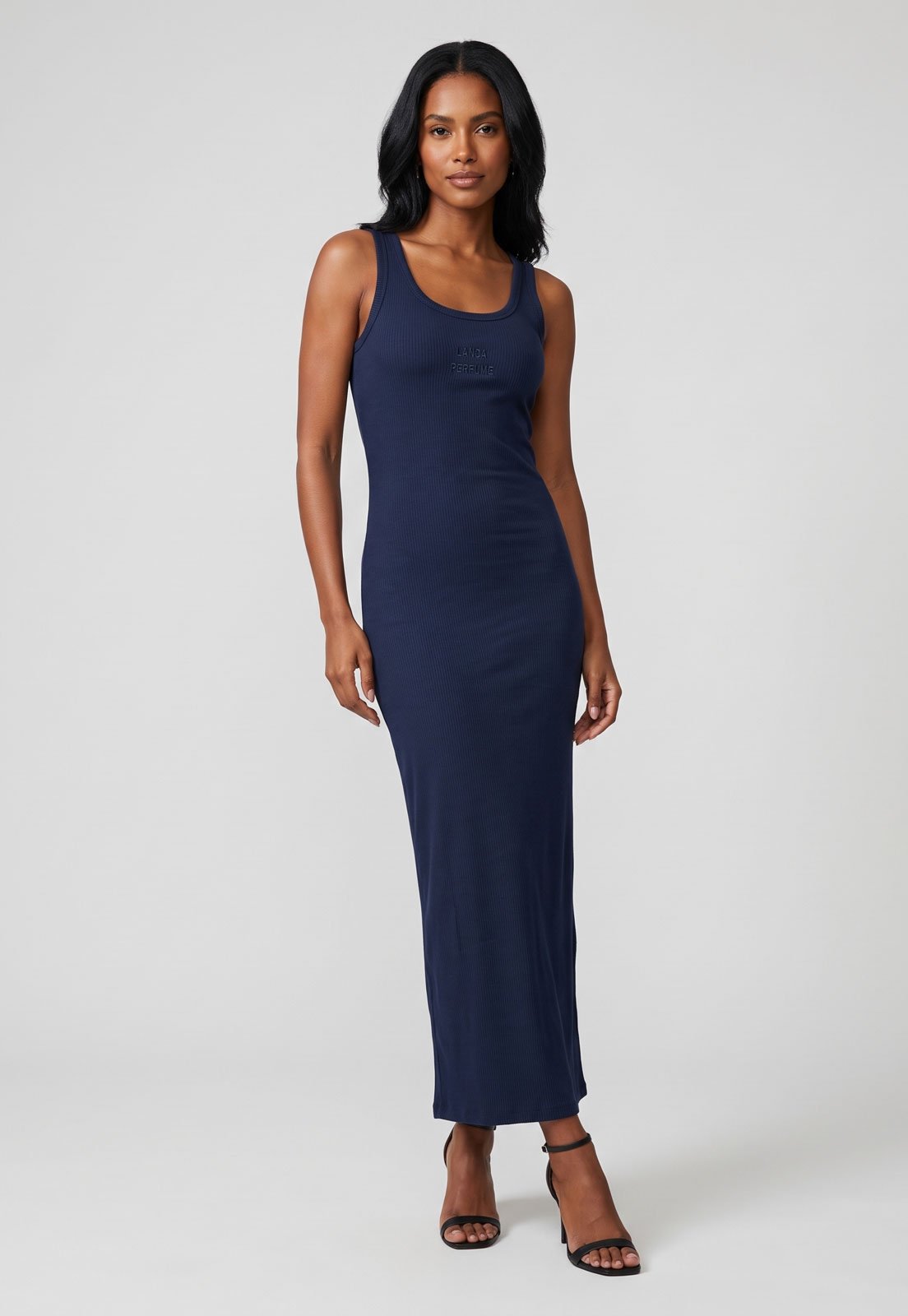 Vestido Feminino Lança Perfume Longo Alças Finas Azul Marinho